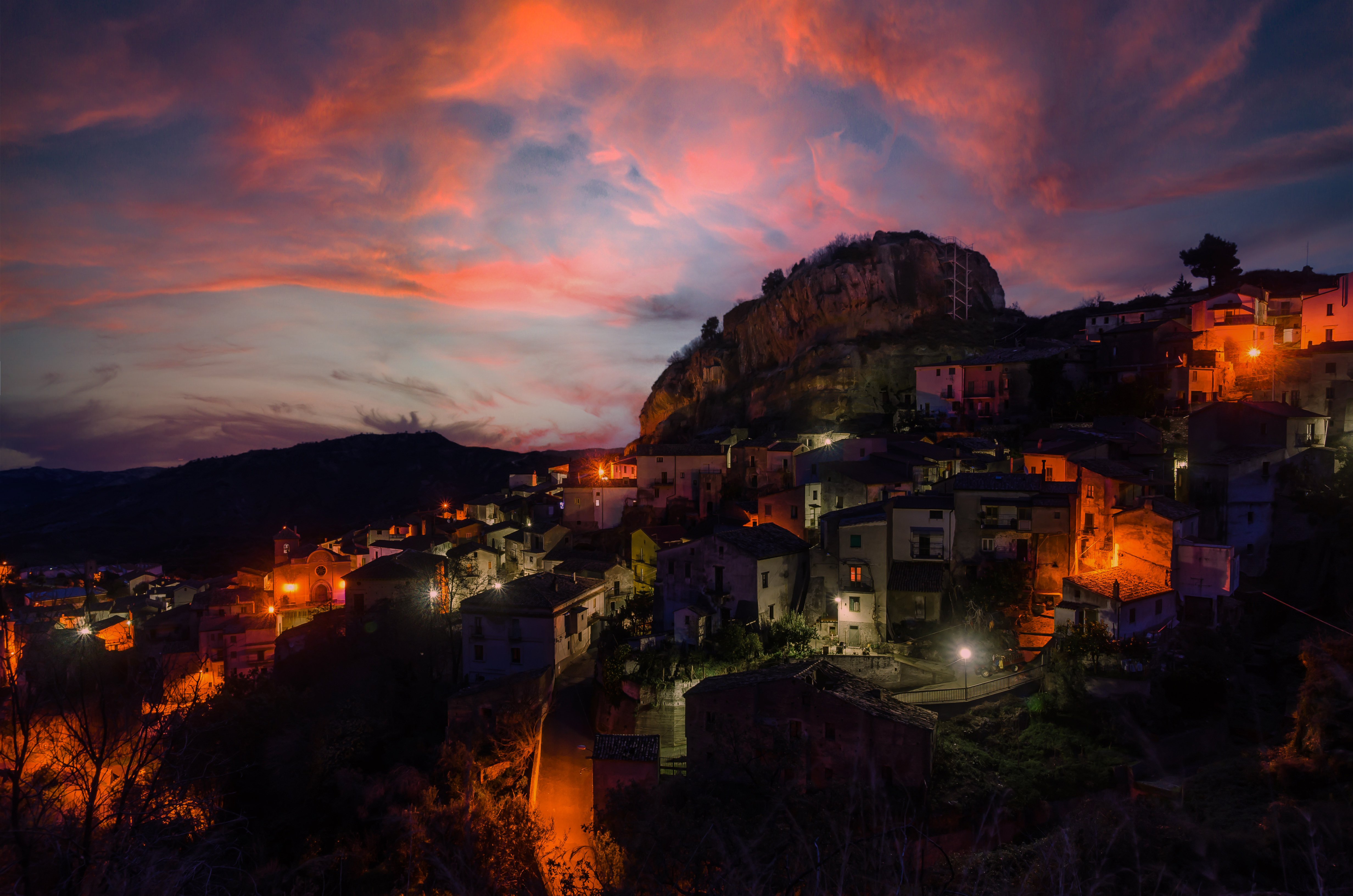 Wallpaper, Calabria, Italy, sunset, lights, landscape, clouds 4928x3264