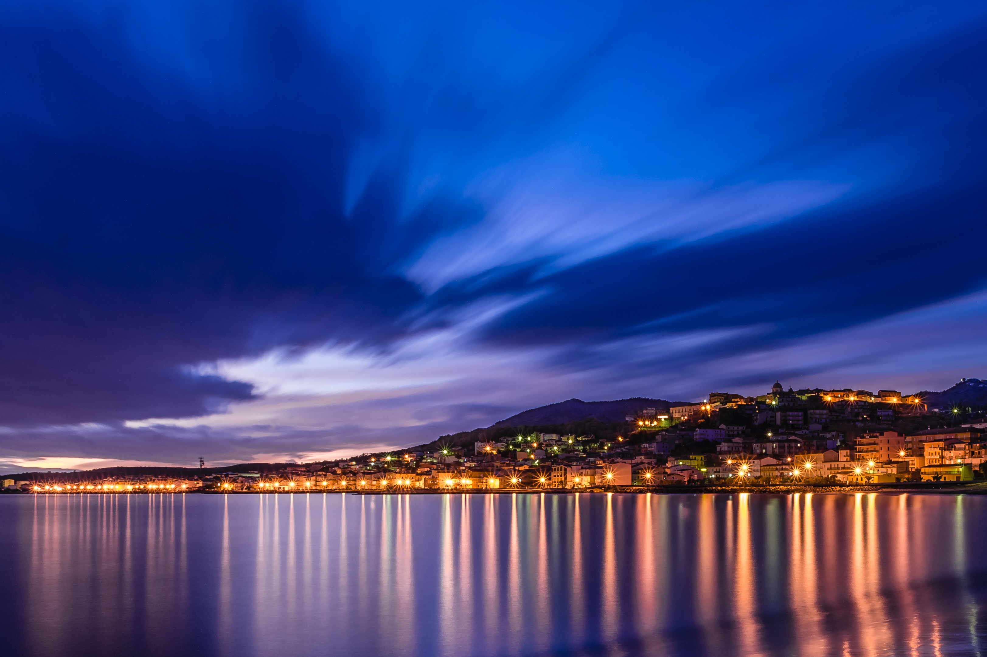 Calabria Lights Night Italy Sea Landscape City Lights City Wallpaper:3245x2163