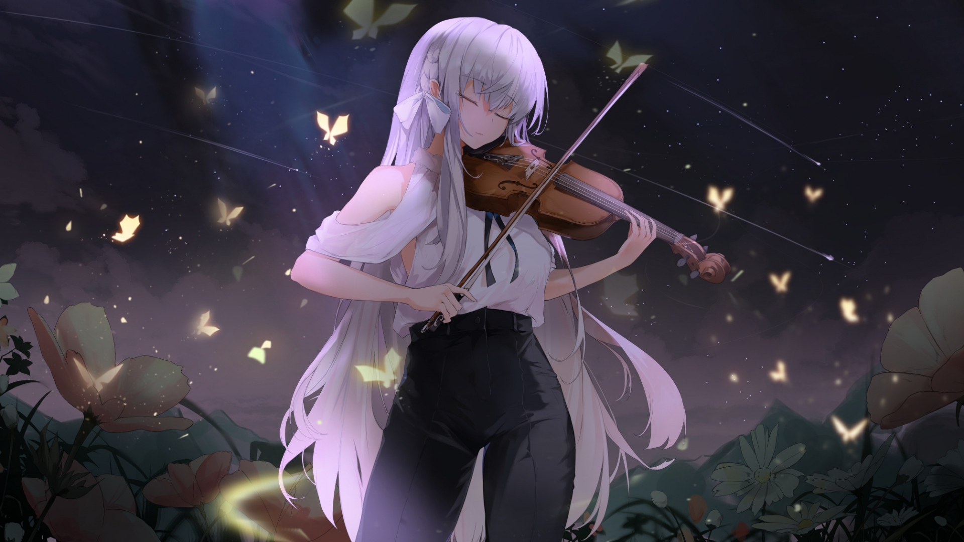 Desktop Wallpaper Calm, Violin Play, Anime Girl, Original, HD Image, Picture, Background, 4fd34a