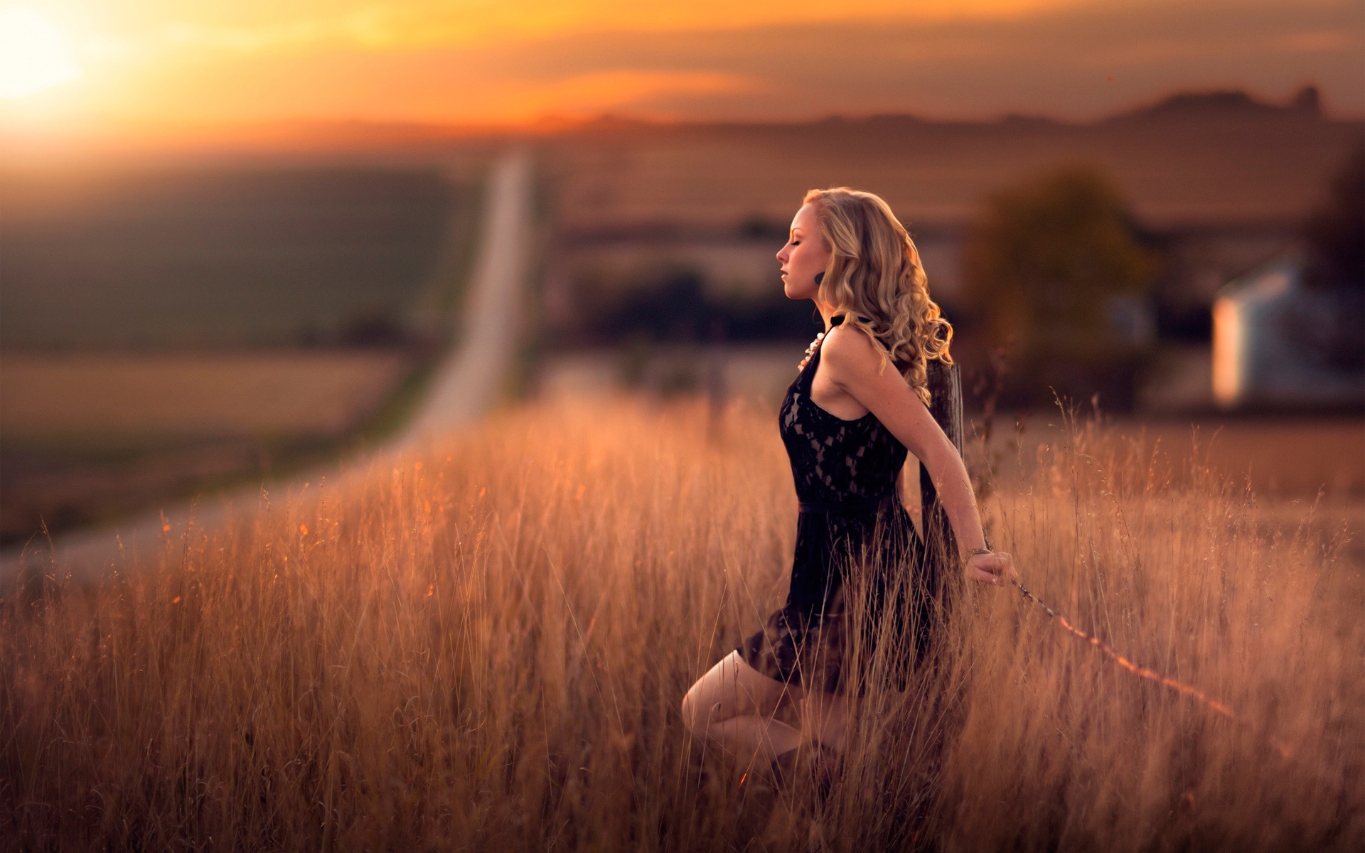 Wallpaper Girl in the fields, road, calm, dusk 1920x1200 HD Picture, Image