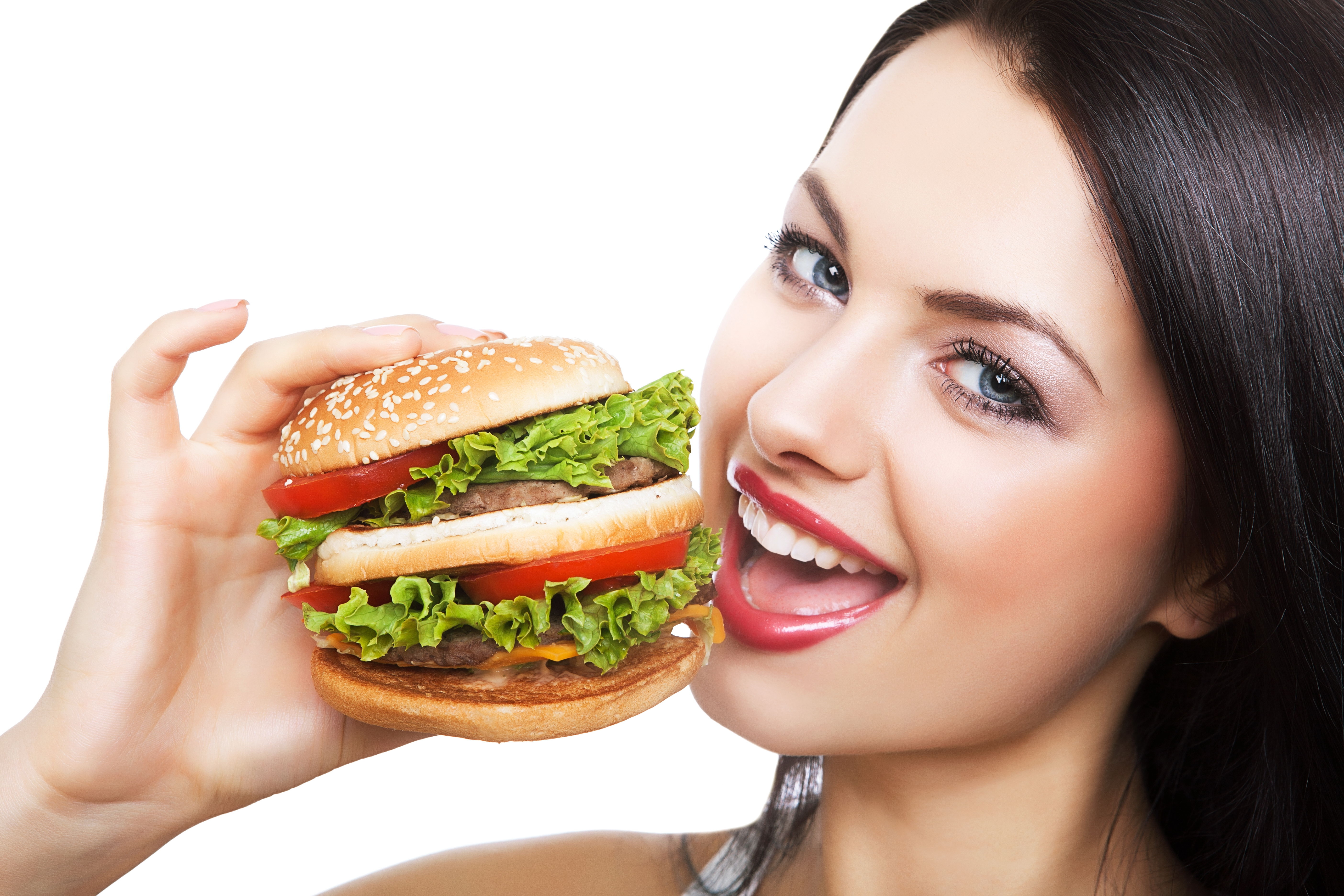 Wallpaper, face, white, blue eyes, brunette, eating, fast food, hamburger, dish, human action 5616x3744