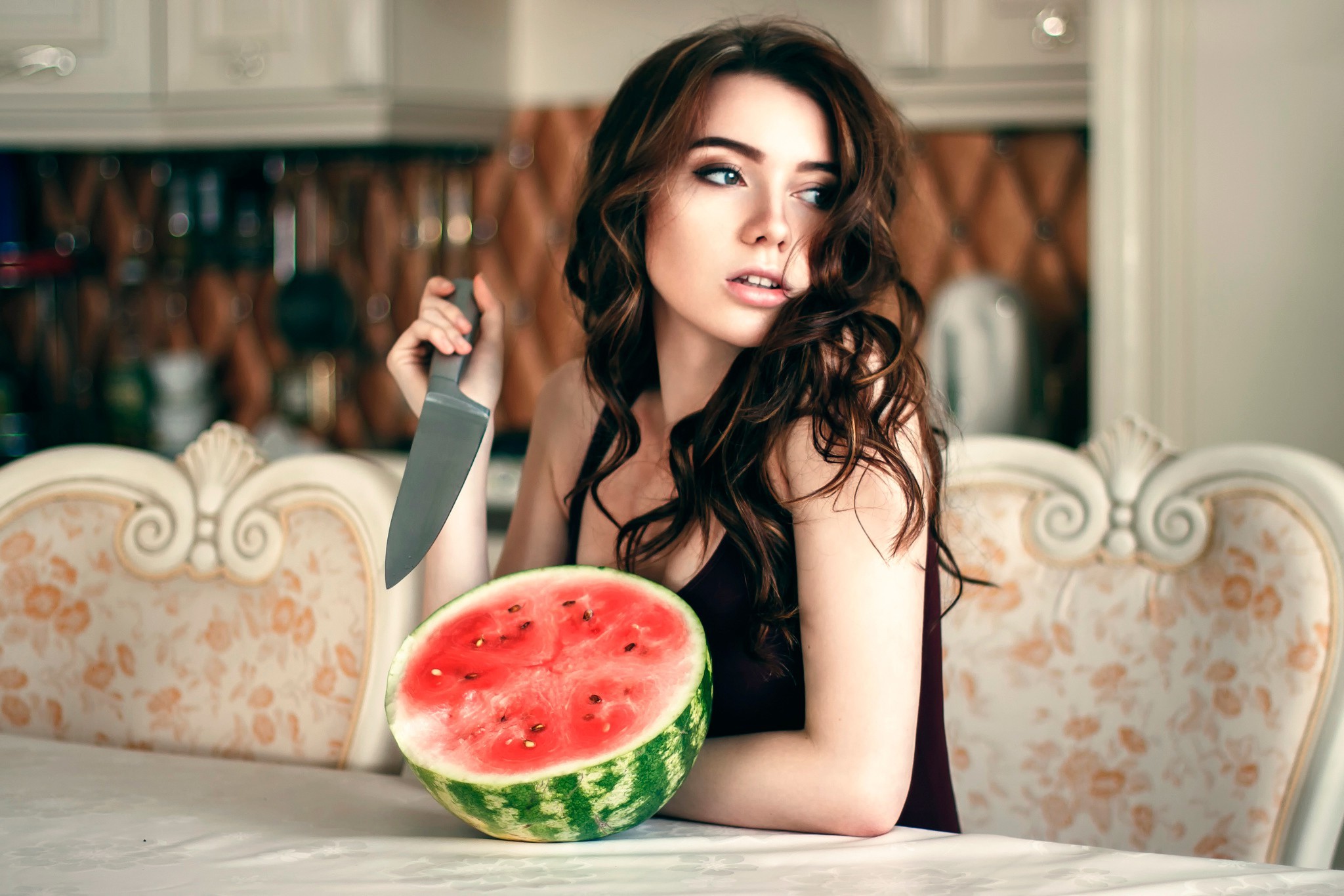 Wallpaper, food, women, eating, watermelons, beauty, woman, 2048x1365 px 2048x1365