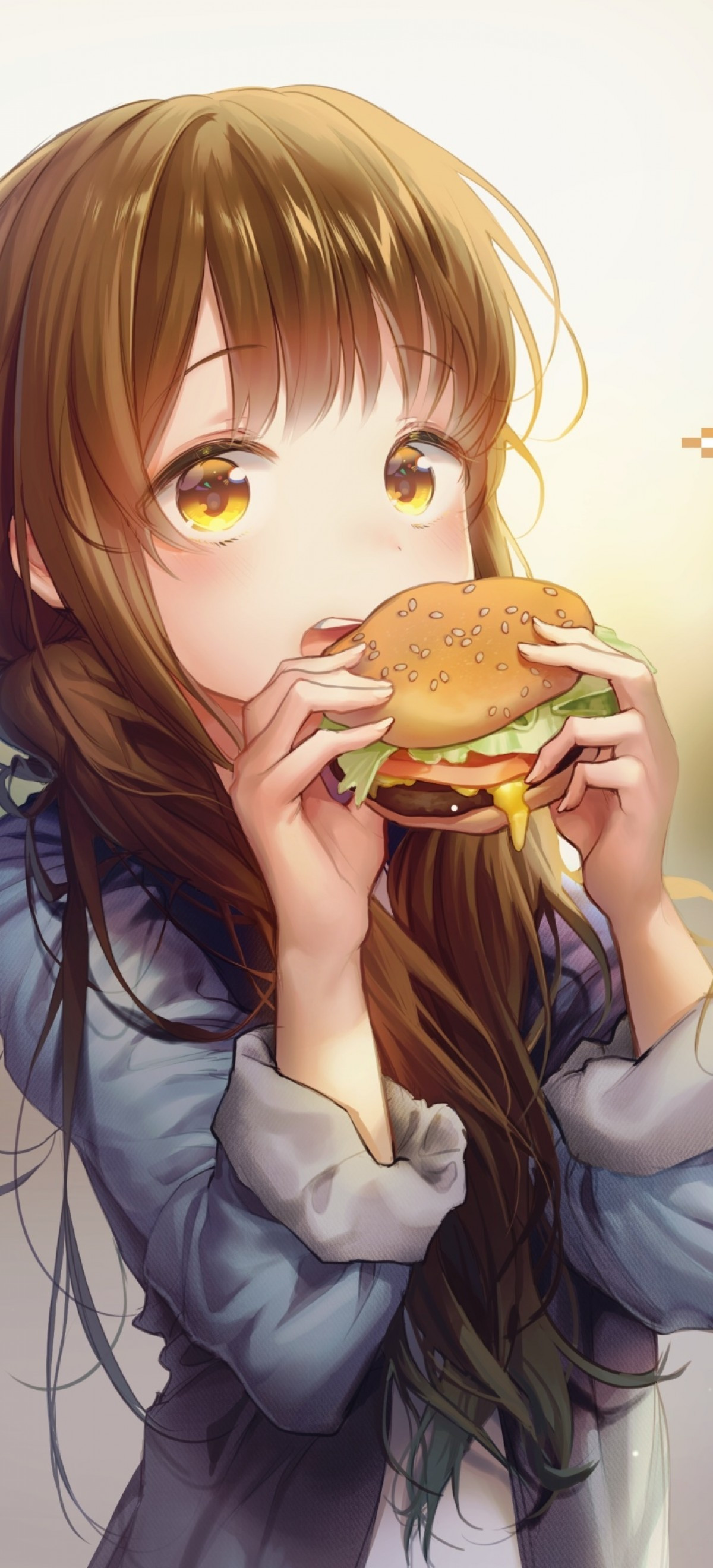 Download 1200x2640 Anime Girl, Hamburger, Eating, Moe, Brown Hair, Fast Food, Cute Wallpaper for Huawei P40 Pro