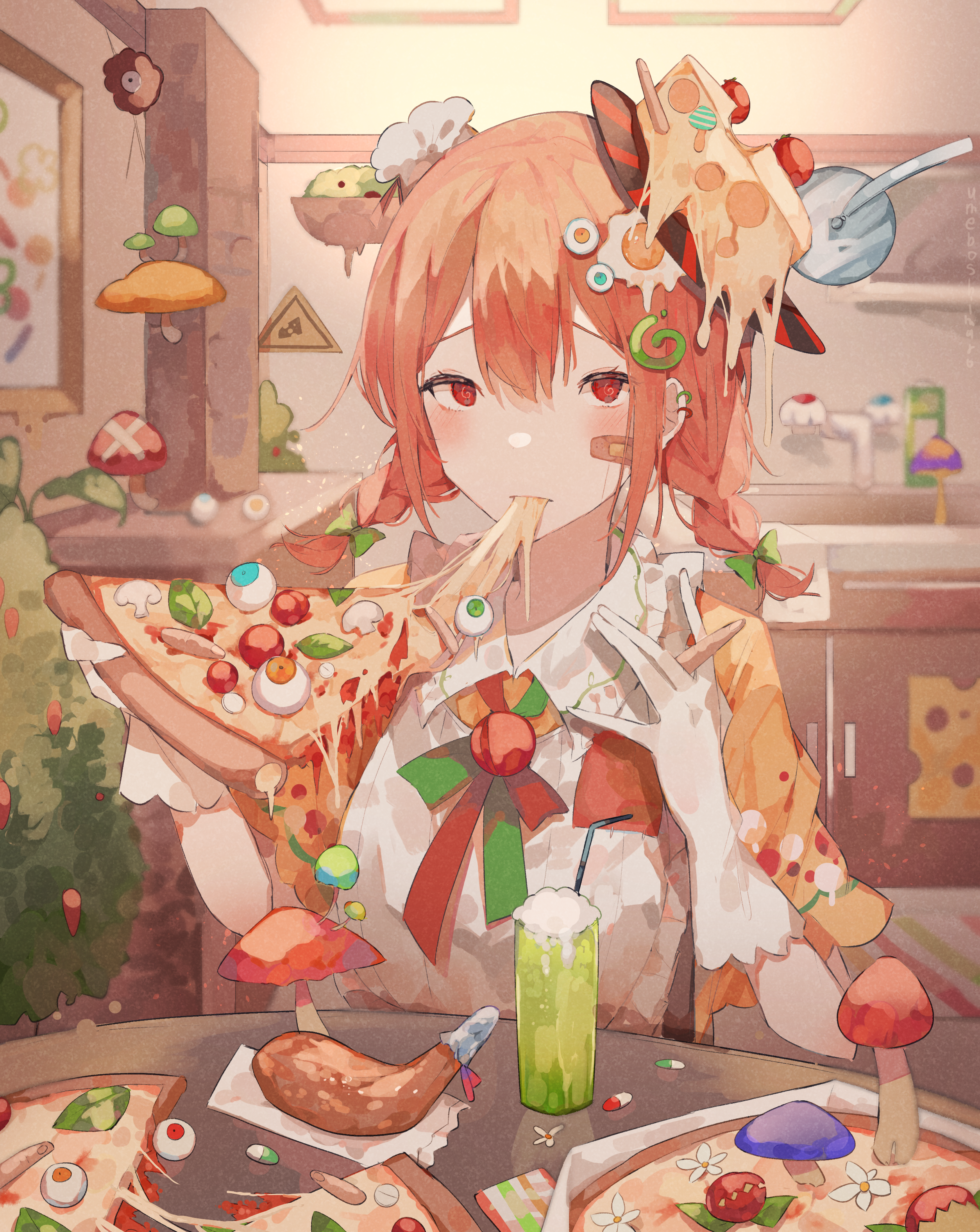 Umemaro Anime Anime Girls Food Anime Girls Eating Pizza Wallpaper:2508x3152