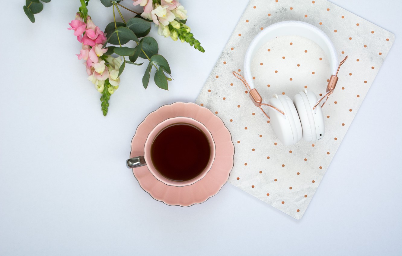 Wallpaper flowers, coffee, headphones, Cup, pink, flowers, cup, coffee, tender image for desktop, section стиль