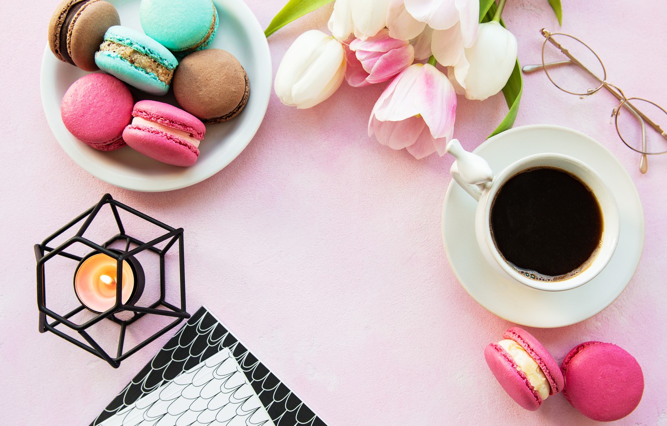 Wallpaper colorful, tulips, pink, tulips, coffee cup, macaroons, macaron, a Cup of coffee, macaroon image for desktop, section еда