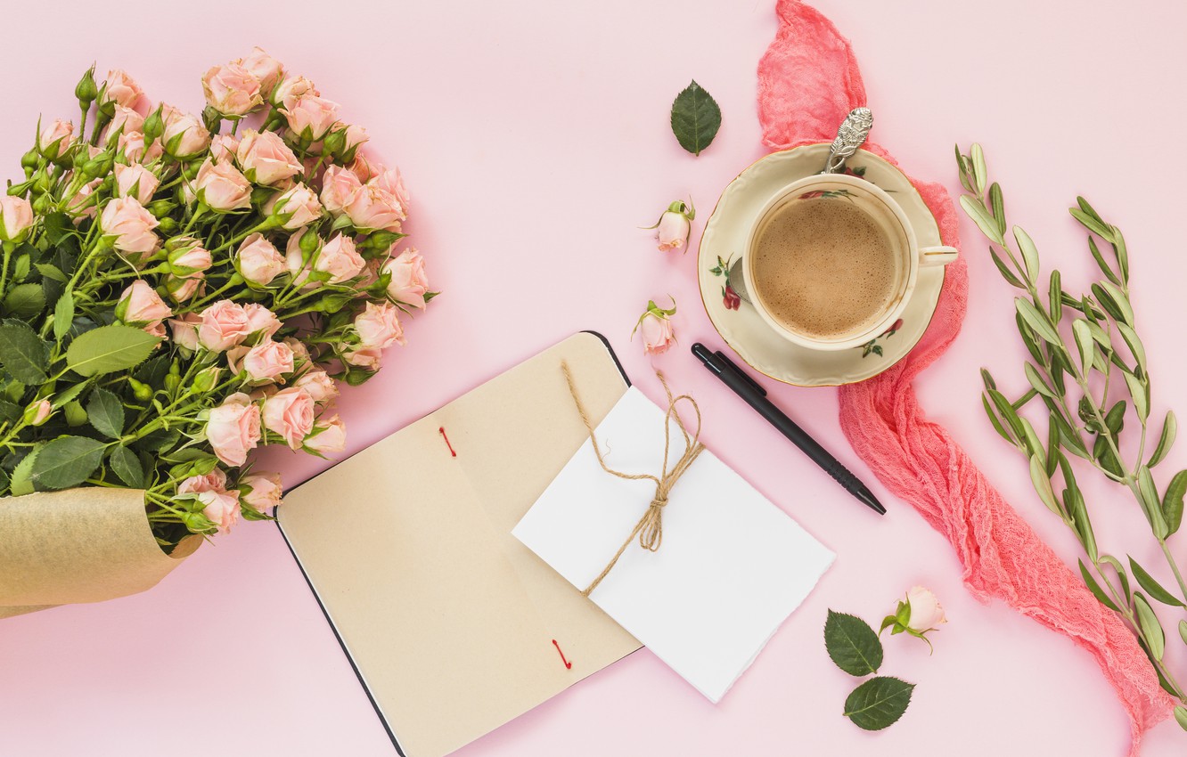 Wallpaper flowers, roses, bouquet, pink, pink, flowers, beautiful, romantic, coffee cup, roses, a Cup of coffee image for desktop, section настроения