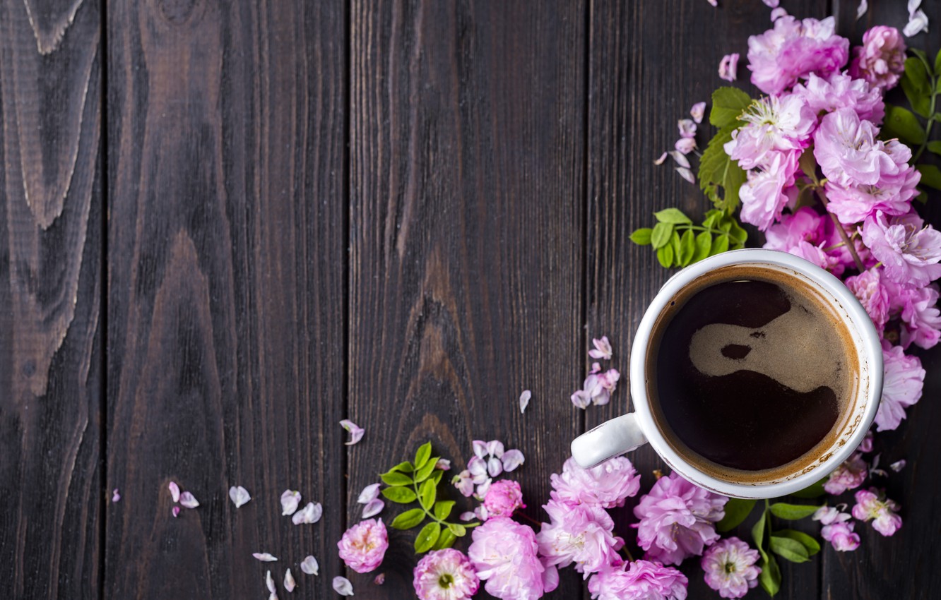 Wallpaper flowers, pink, wood, pink, blossom, flowers, coffee cup, a Cup of coffee image for desktop, section цветы