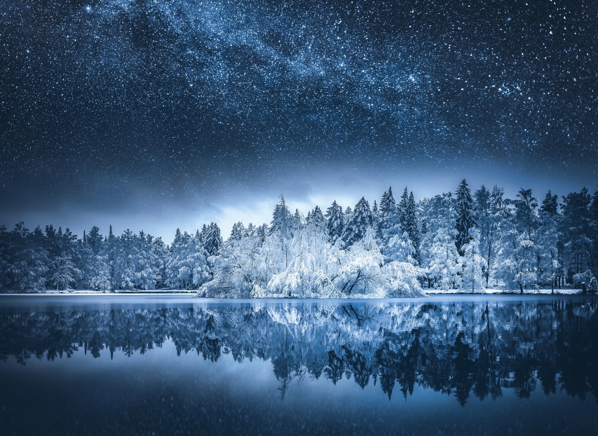 Download 2048x1494 Milky Way, Reflection, Lake, Snow, Trees, Winter, Night Wallpaper