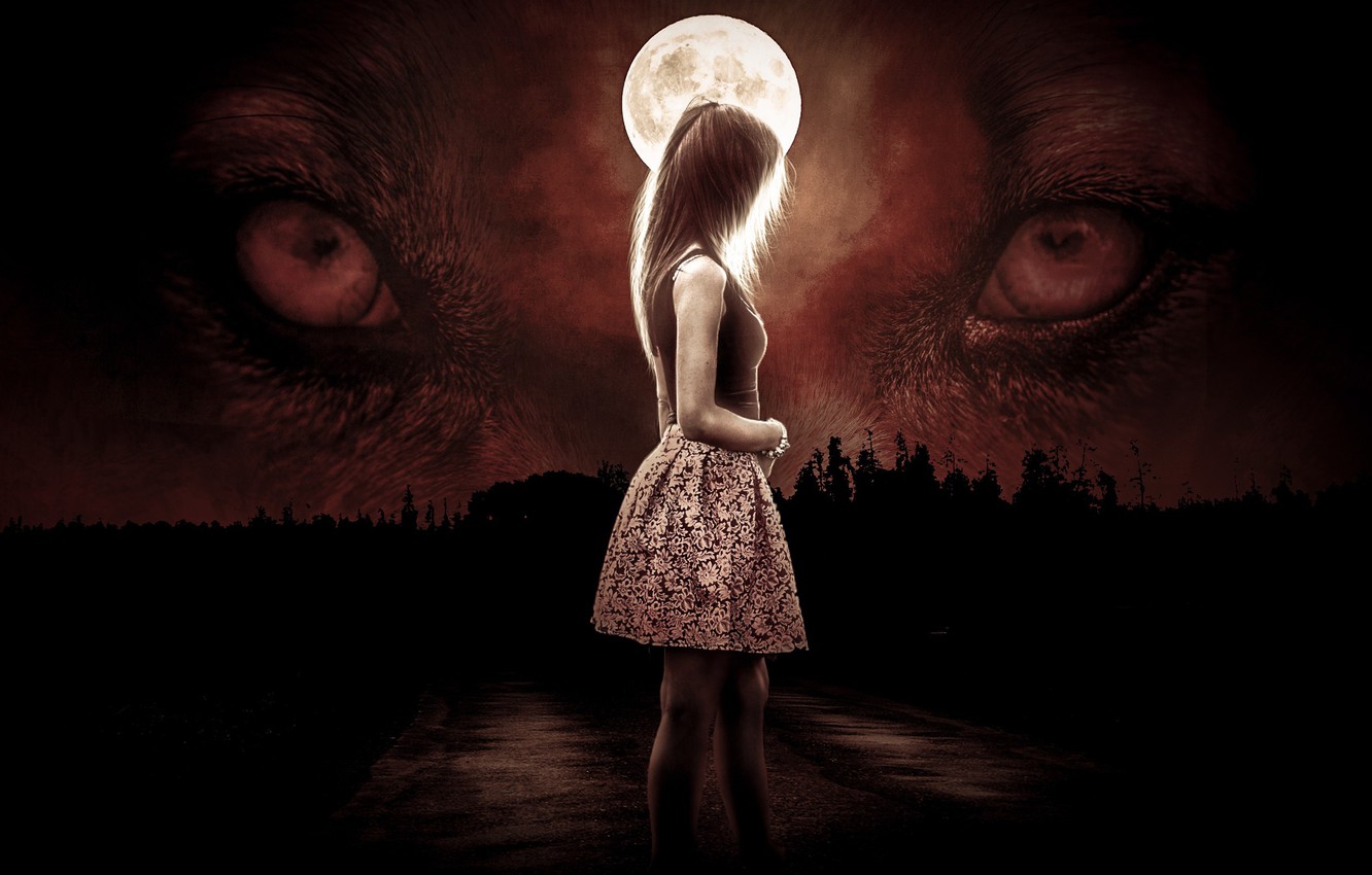 Wallpaper girl, moon, forest, dress, eyes, night, wolf, darkness, lycanthrope, werewolf, Lone Wolf, by eversontomiello image for desktop, section фантастика