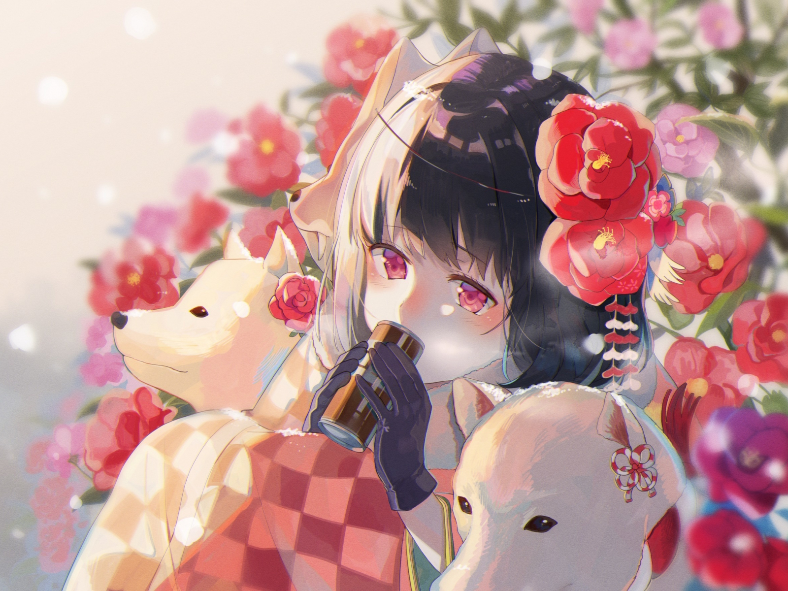 Desktop Wallpaper Dogs And Flowers, Anime Girl, Cute, Original, HD Image, Picture, Background, 35970c