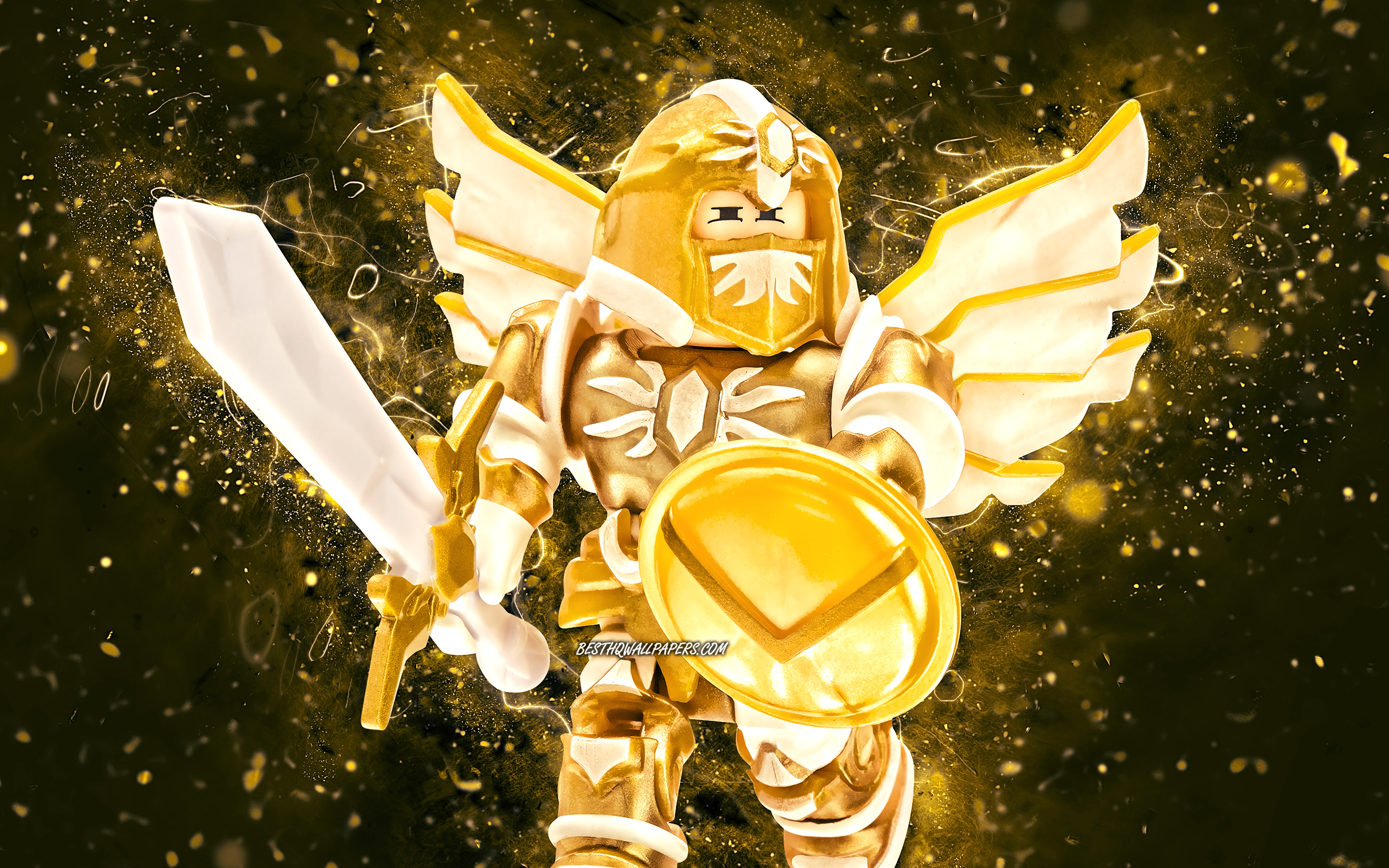 Download wallpaper Sun Slayer, 4K, yellow neon lights, Roblox, fan art, Roblox characters, Rodny Roblox, Sun Slayer Roblox for desktop with resolution 3840x2400. High Quality HD picture wallpaper