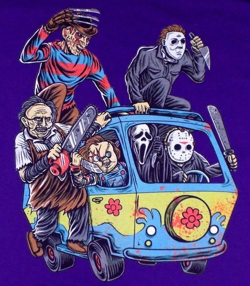 Horror Movie Mystery Machine Shirt Maniacs Halloween Jason Chucky Leatherface #FruitoftheLoom #GraphicTee. Horror characters, Horror movie art, Horror movie icons