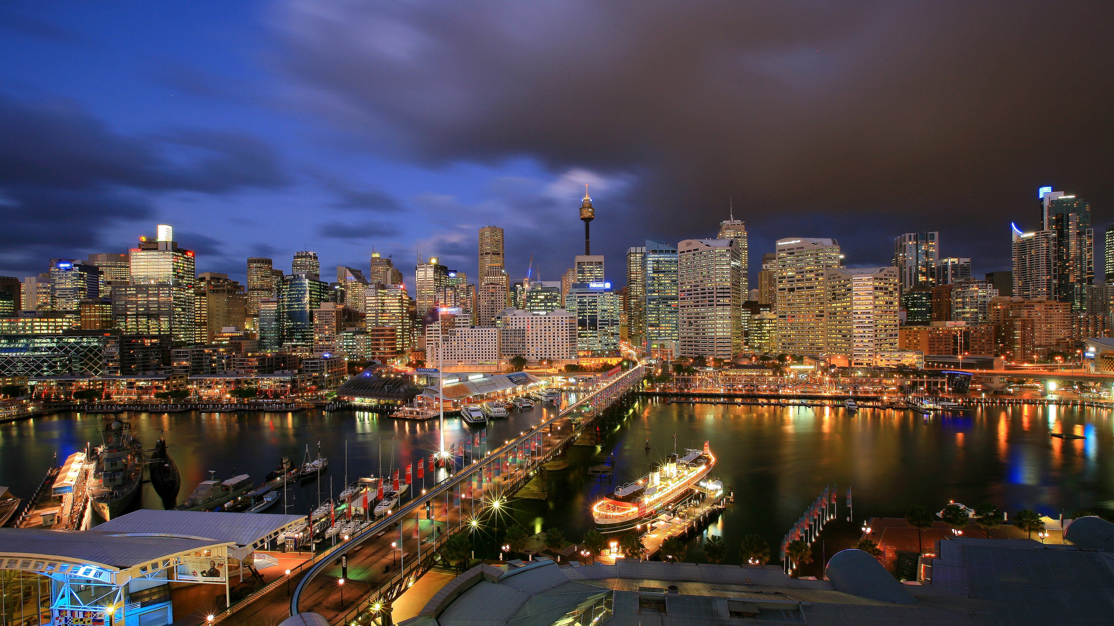 city, Lights, Buildings, Vehicles, Ocean, Sea, Bridge, Cars, People, Night, Cloudy, Sky, Evening, Weather, Tower, Hdr, Ultrahd, Black, White, Hd, 4k, Wallpaper, 3840x2160 Wallpaper HD / Desktop and Mobile Background