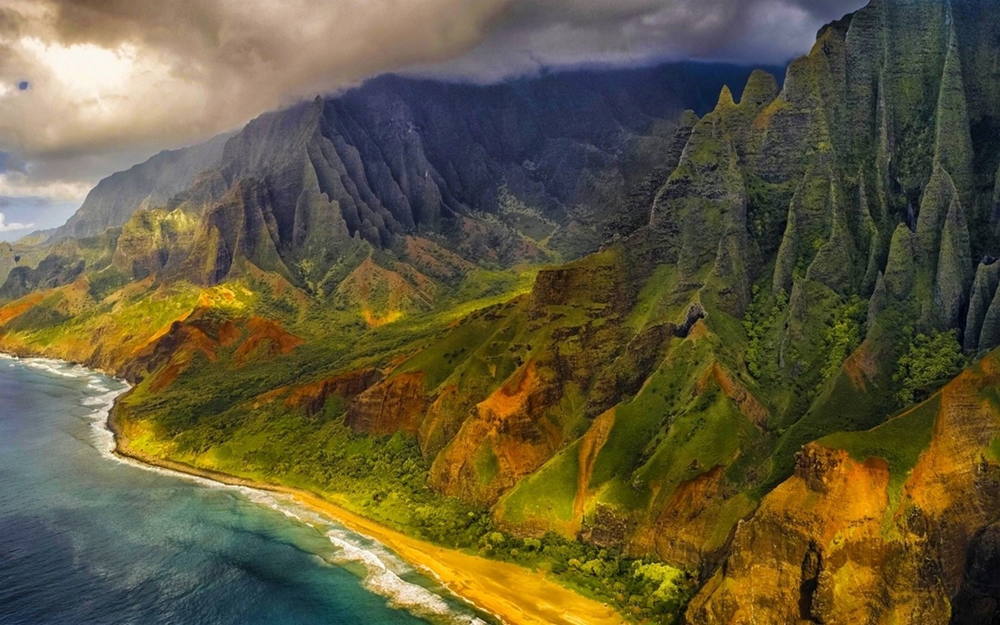 nature, Landscape, Aerial View, Mountains, Beach, Sea, Cliff, Clouds, Coast, Island, Kauai, Hawaii Wallpaper HD / Desktop and Mobile Background