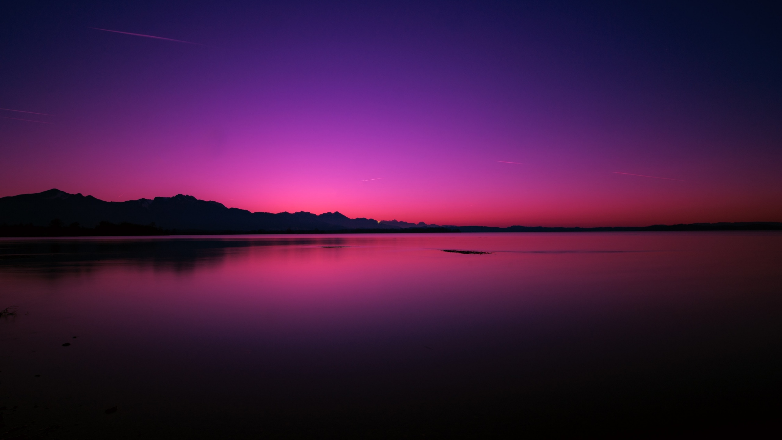 Sunset Wallpaper 4K, Lake, Dusk, Purple sky, Reflection, Dawn, Nature