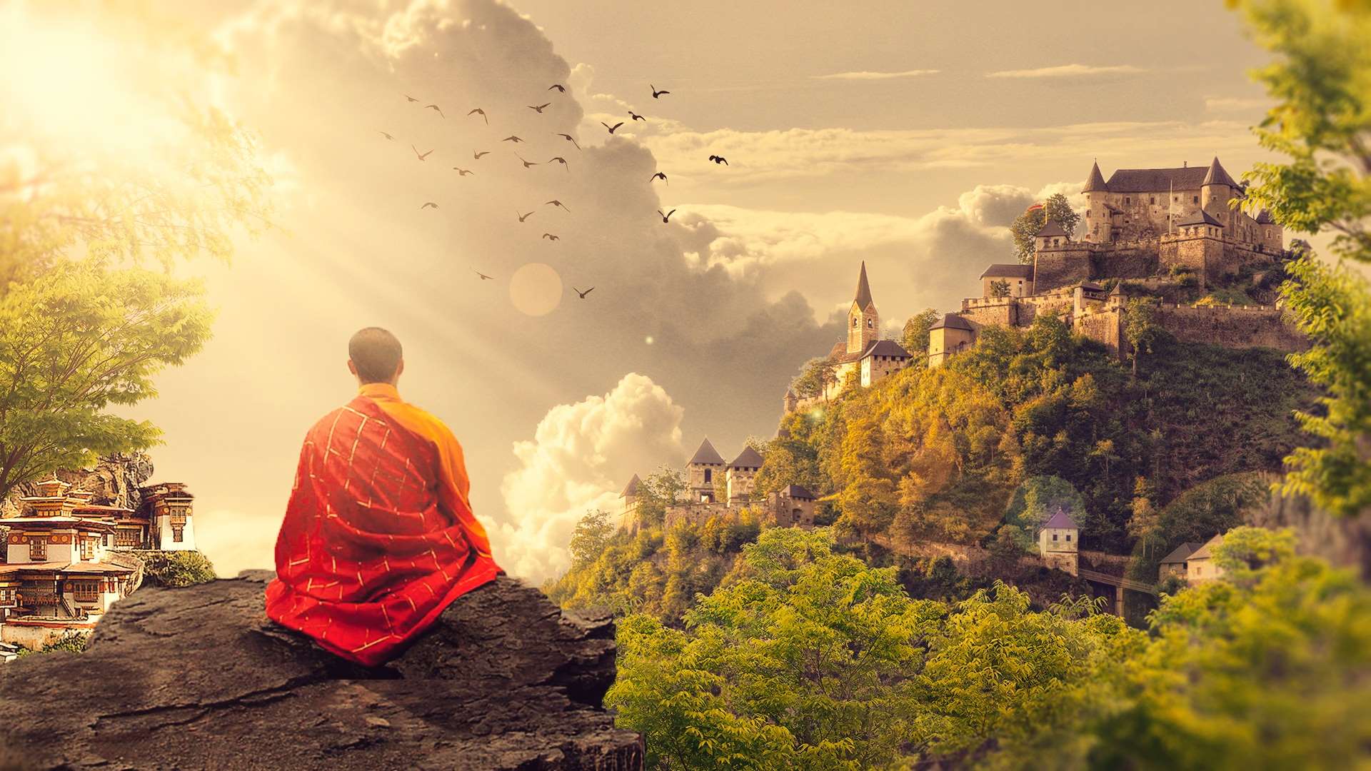 1920x1080 buddhism, buddhist, digital art, meditation, monk, panorama, photo manipulation, temple wallpaper JPG 242 kB