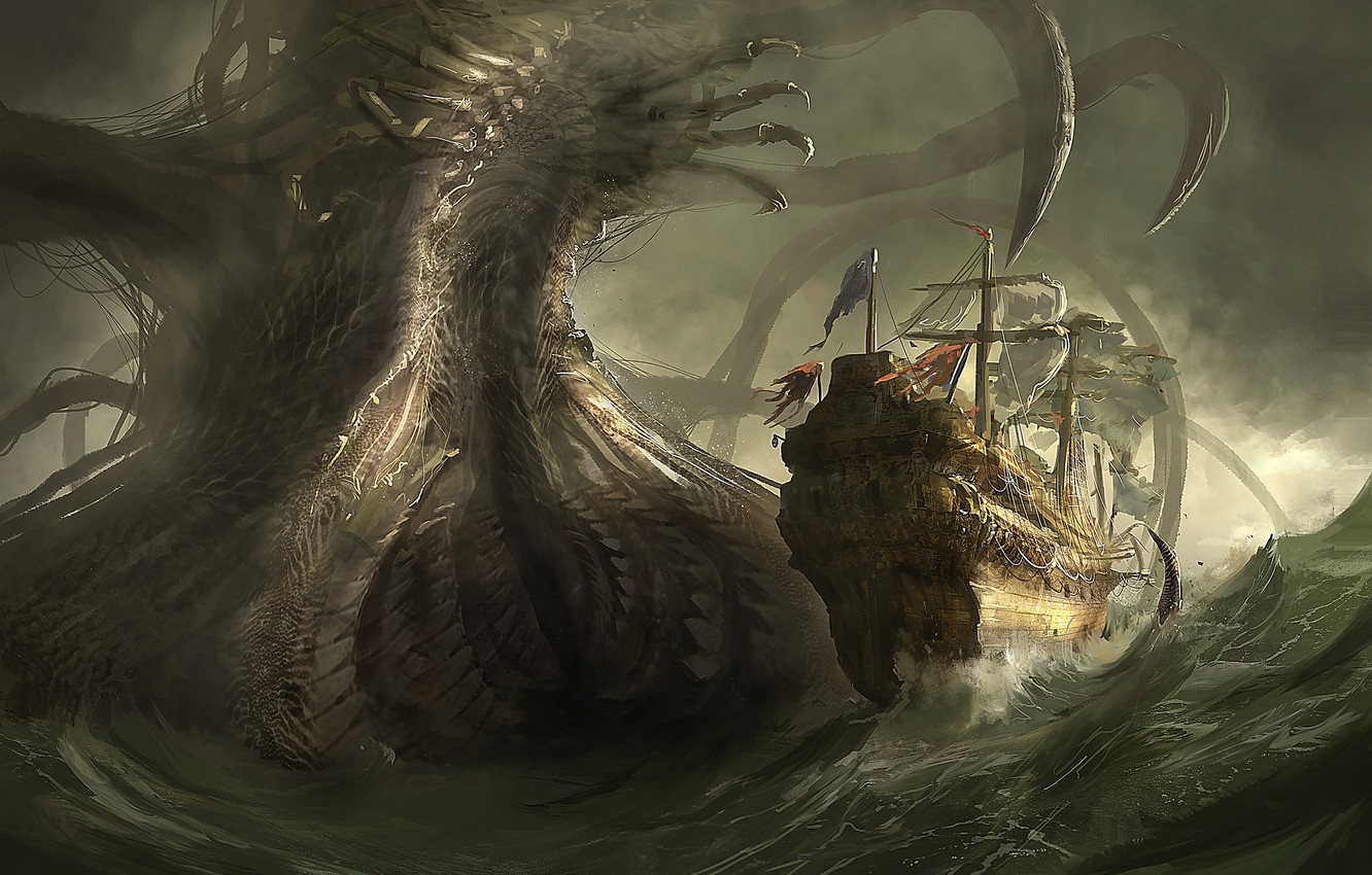 Wallpaper sea, danger, ship, monster, art, giant image for desktop, section фантастика