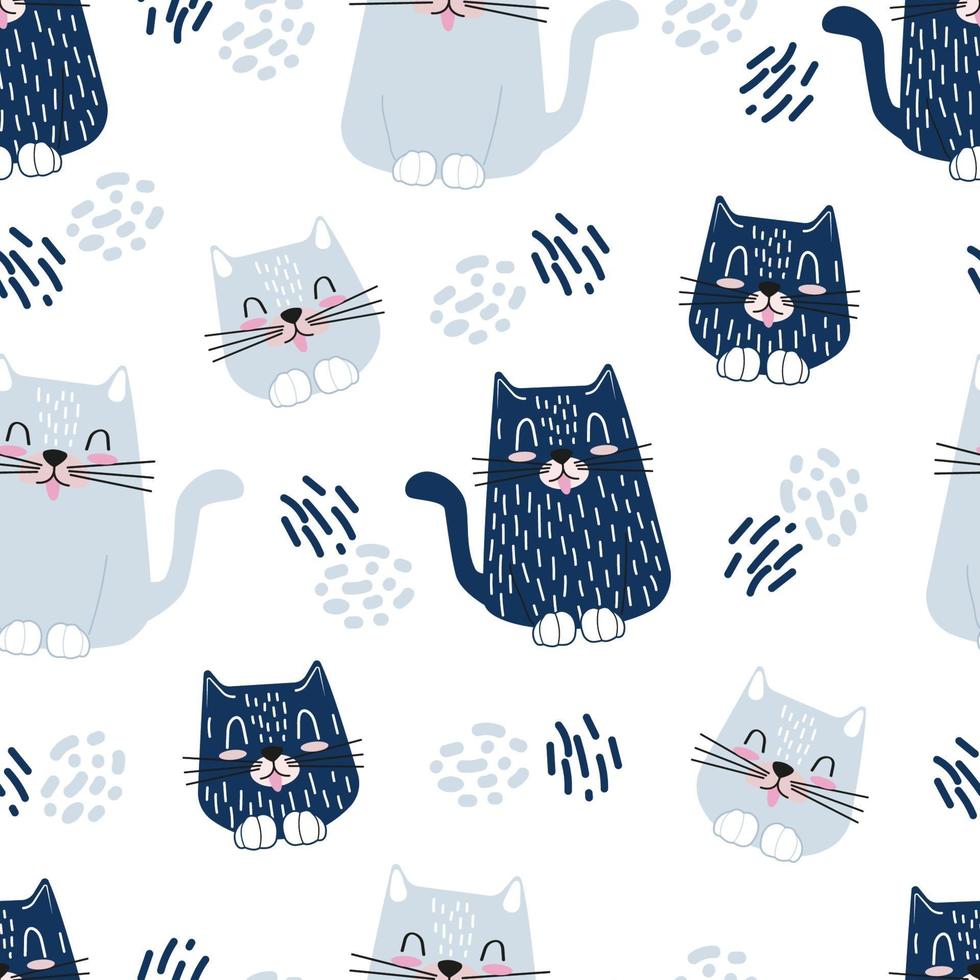 Cute cats childrens character illustration. Seamless vector pattern for wallpaper, wrapping paper, background