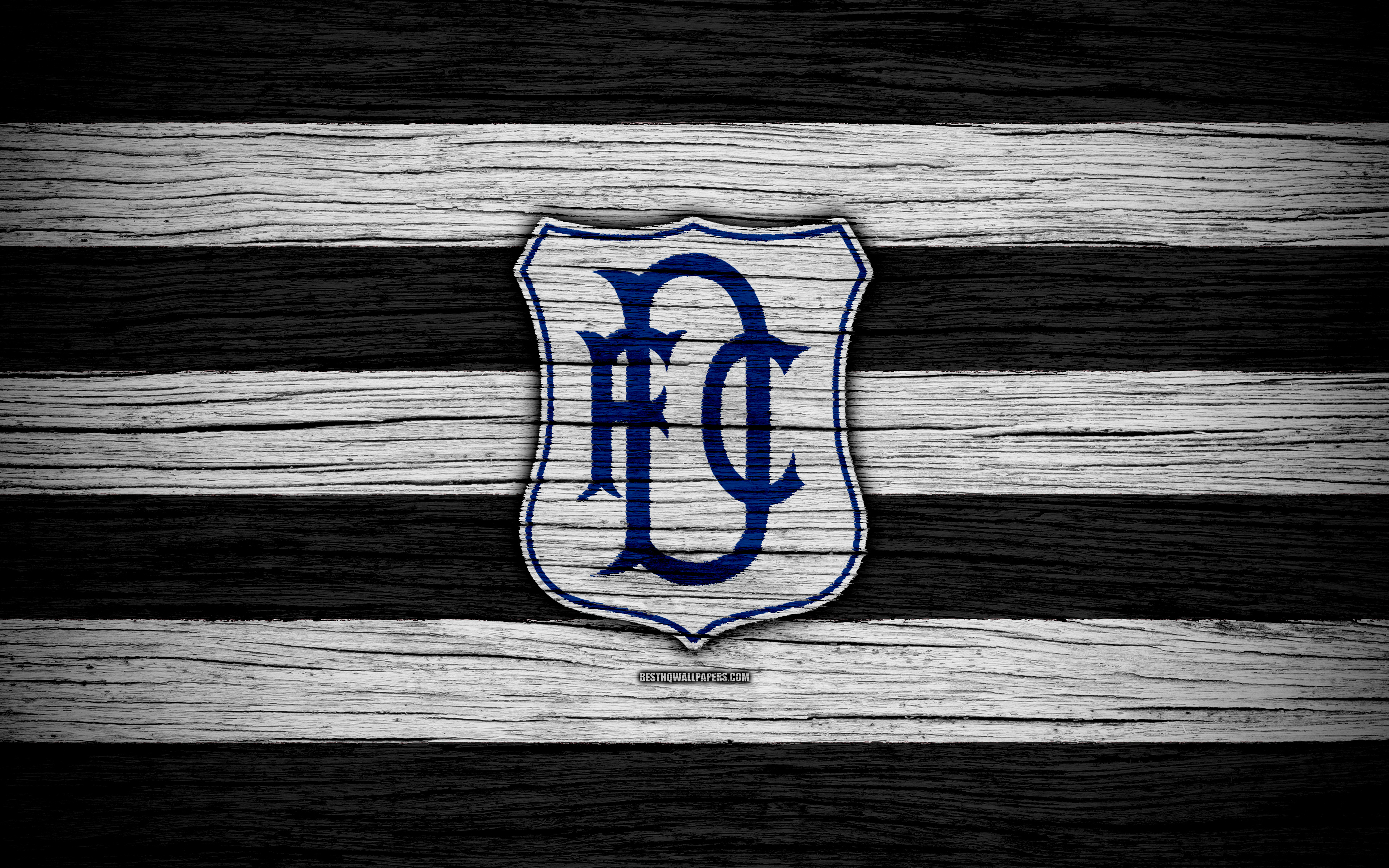 Download wallpaper 4k, Dundee FC, logo, Scottish Premiership, soccer, football, Scotland, Dundee, wooden texture, Scottish Football Championship, FC Dundee for desktop with resolution 3840x2400. High Quality HD picture wallpaper