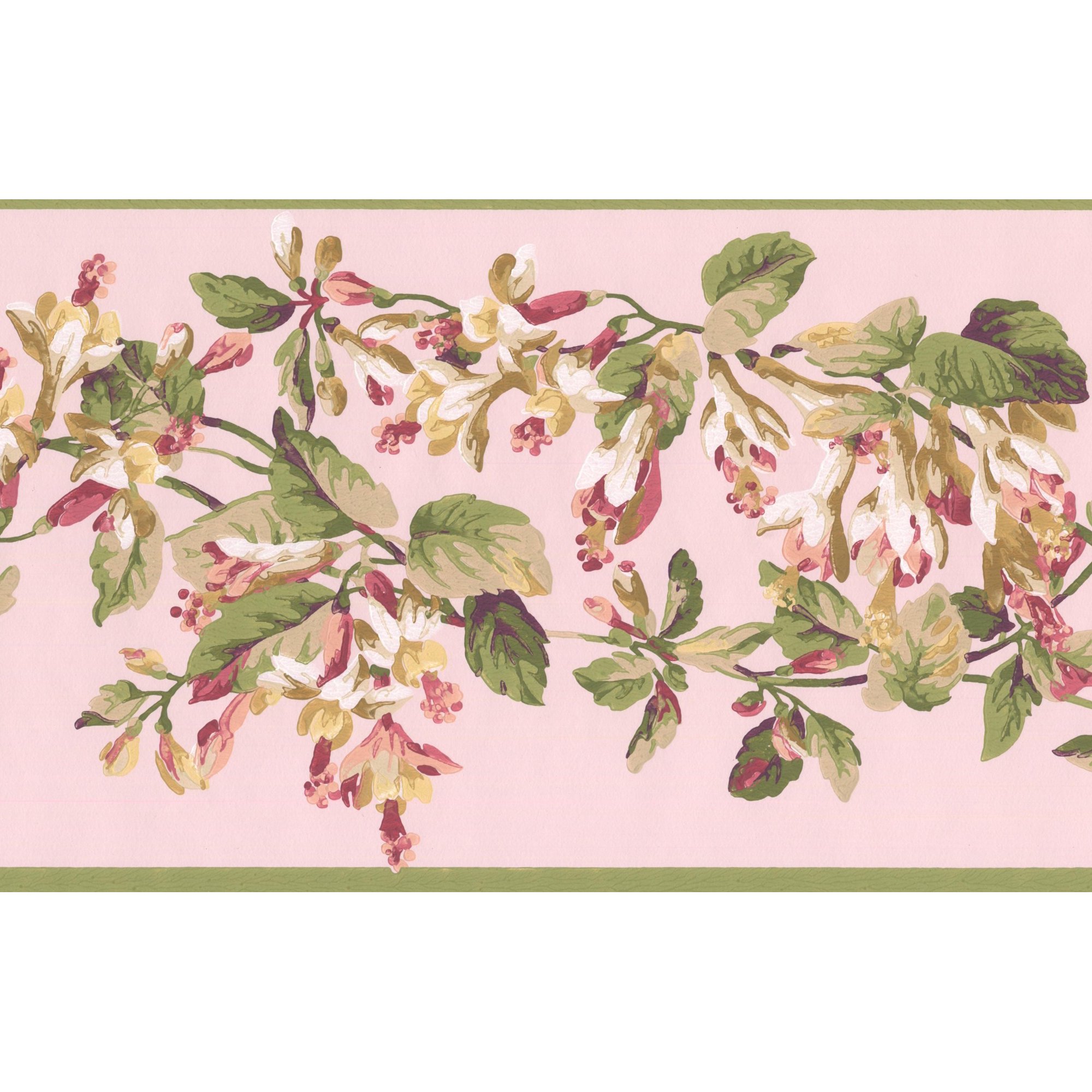 White Red Flowers on Vine Rose Floral Wallpaper Border Retro Design, Roll 15' x 6.75''