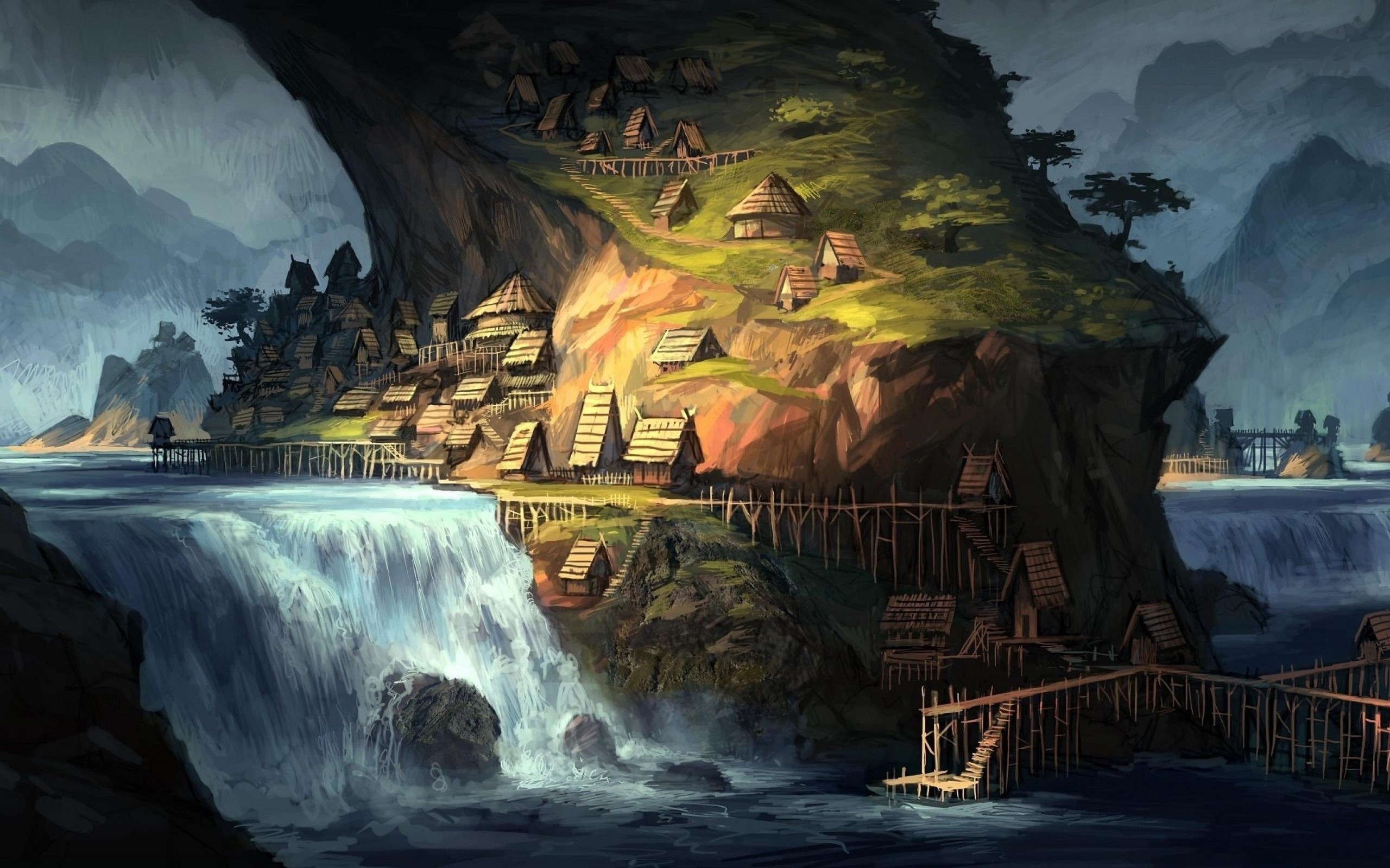 Download 2560x1600 Fantasy Village, Tiny Houses, Mountain, Waterfall, Cliff, Scenery Wallpaper for MacBook Pro 13 inch