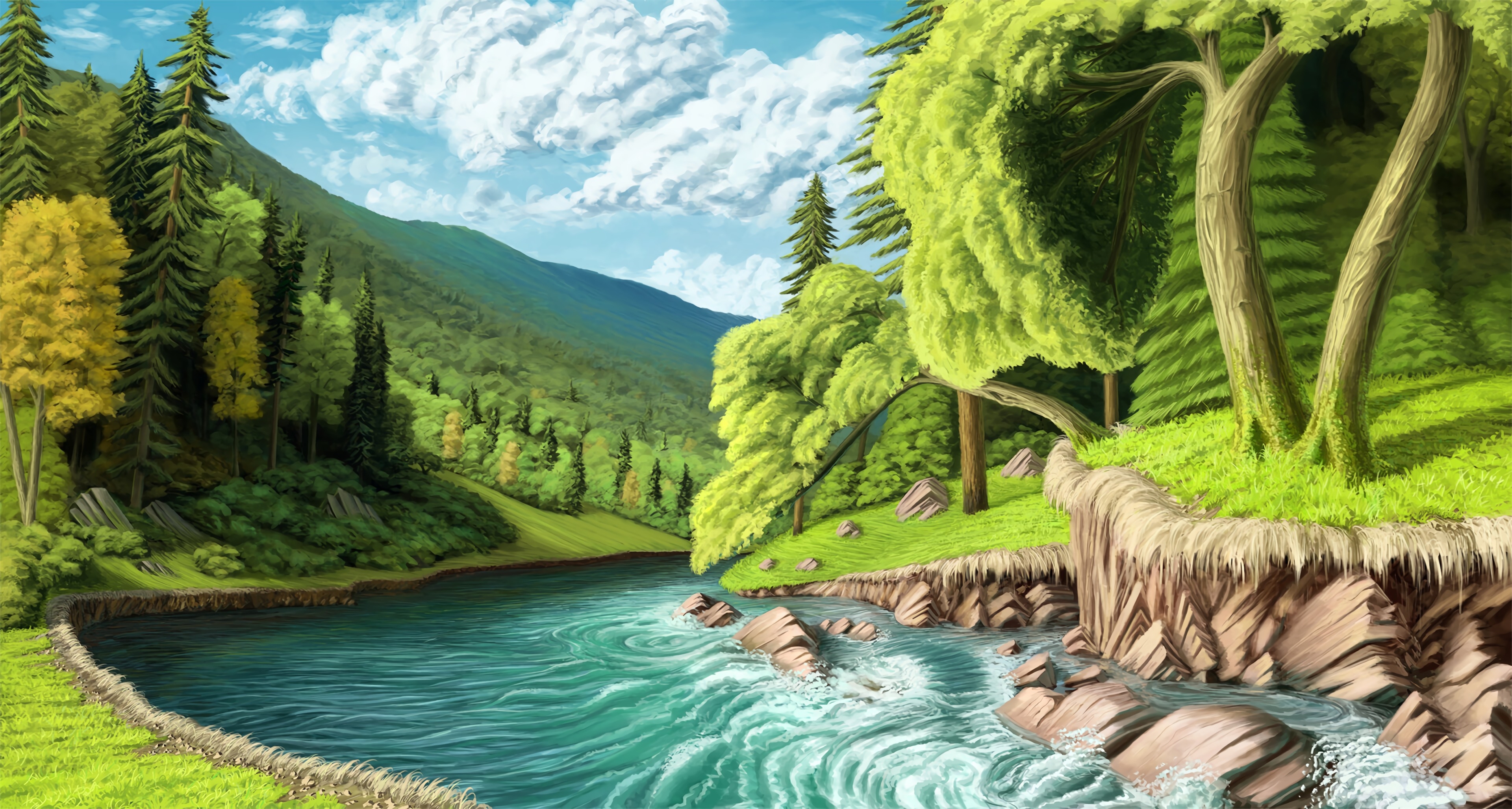 Download 3840x2054 Fantasy Landscape, Stream, River, Trees, Forest, Scenery Wallpaper