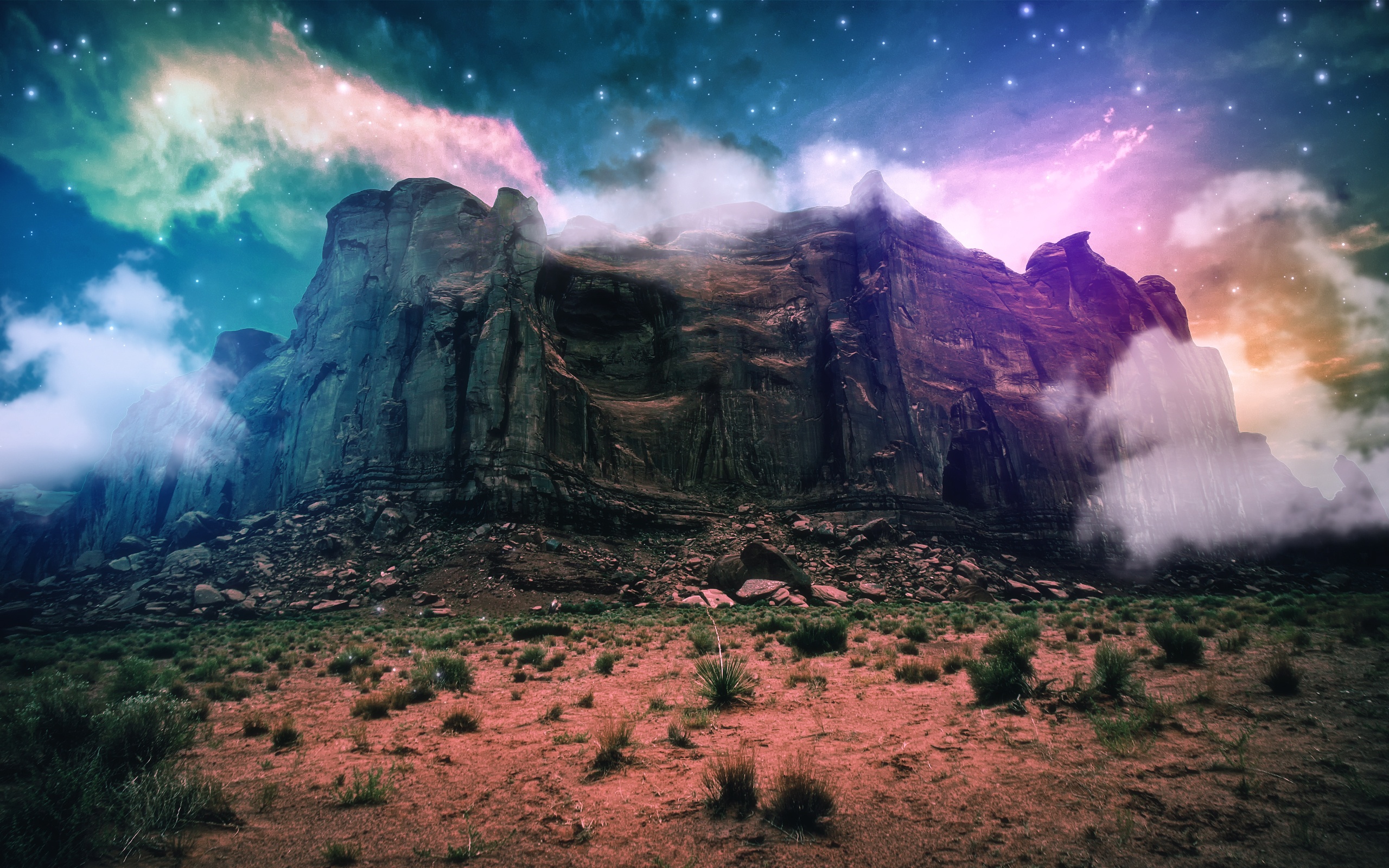 Wallpaper Fantasy scenery, creative, mountain, cliff, clouds, space, stones, stars 2560x1600 HD Picture, Image