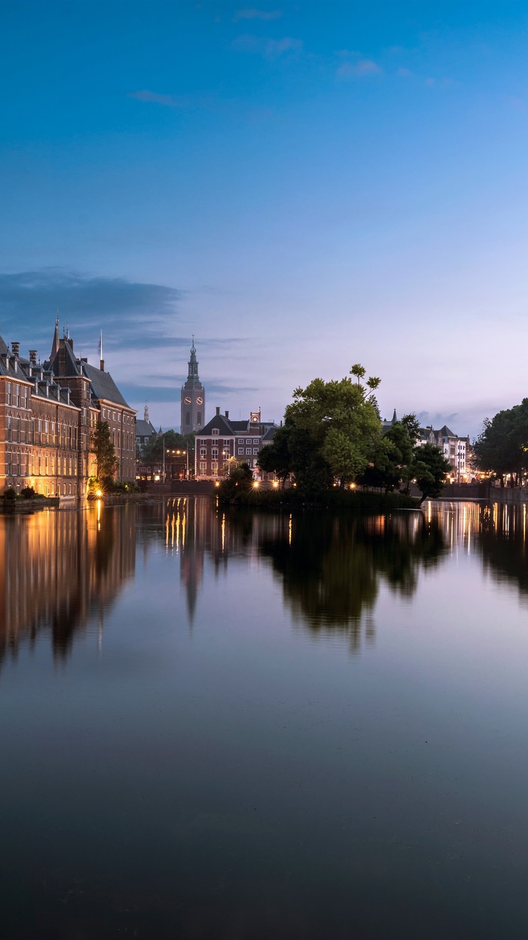 Hague, Netherlands, City, Lake, Buildings, Trees, Lights, Dusk 1080x1920 IPhone 8 7 6 6S Plus Wallpaper, Background, Picture, Image