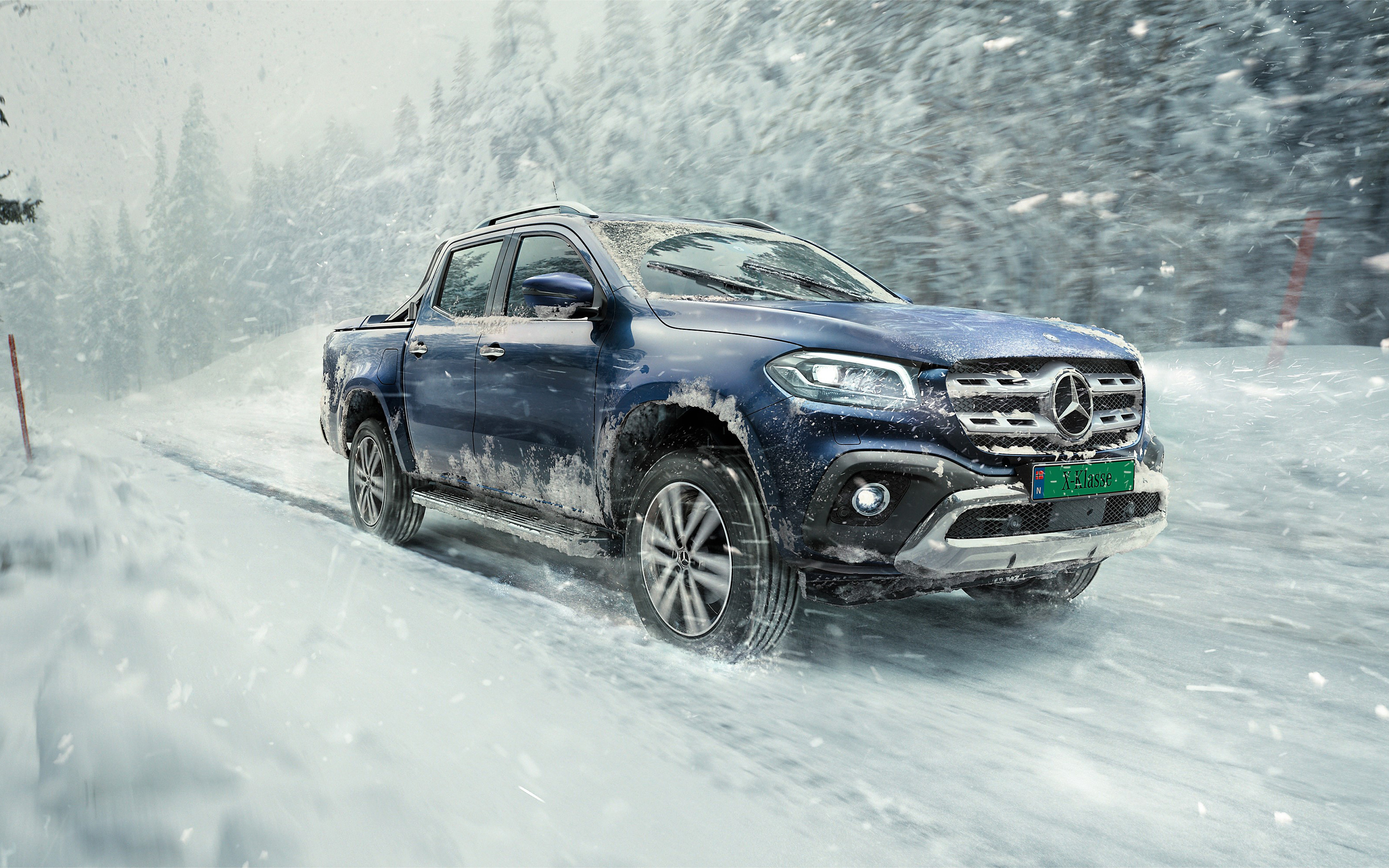 Download Wallpaper Mercedes Benz X Class, 2018, Blue SUV, Pick Up, Winter, Snow, Blue, Riding On Snow X Class, Mercedes, 4k For Desktop With Resolution 3840x2400. High Quality HD Picture Wallpaper