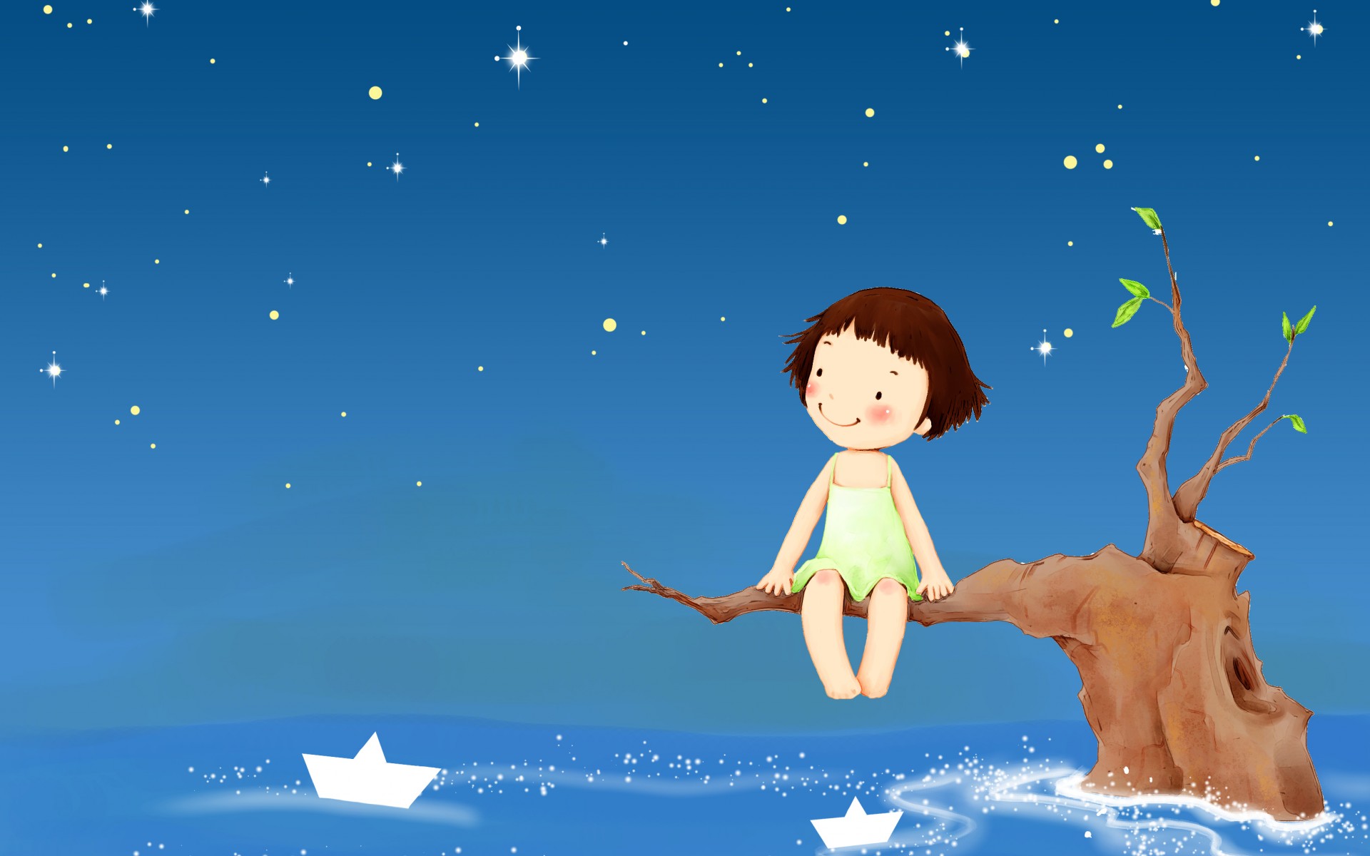 px art boats Cartoon cute girl mood night ocean sea sky stars Trees vector High Quality Wallpaper, High Definition Wallpaper
