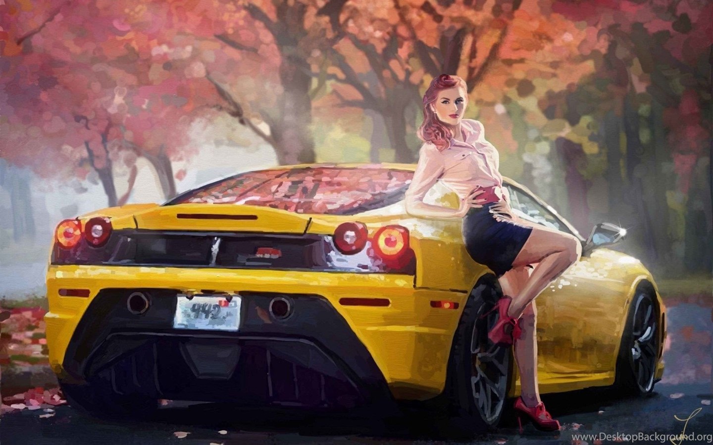 Oil Painting Art Ferrari Car Yellow Girl Autumn Trees HD Wallpaper. Desktop Background