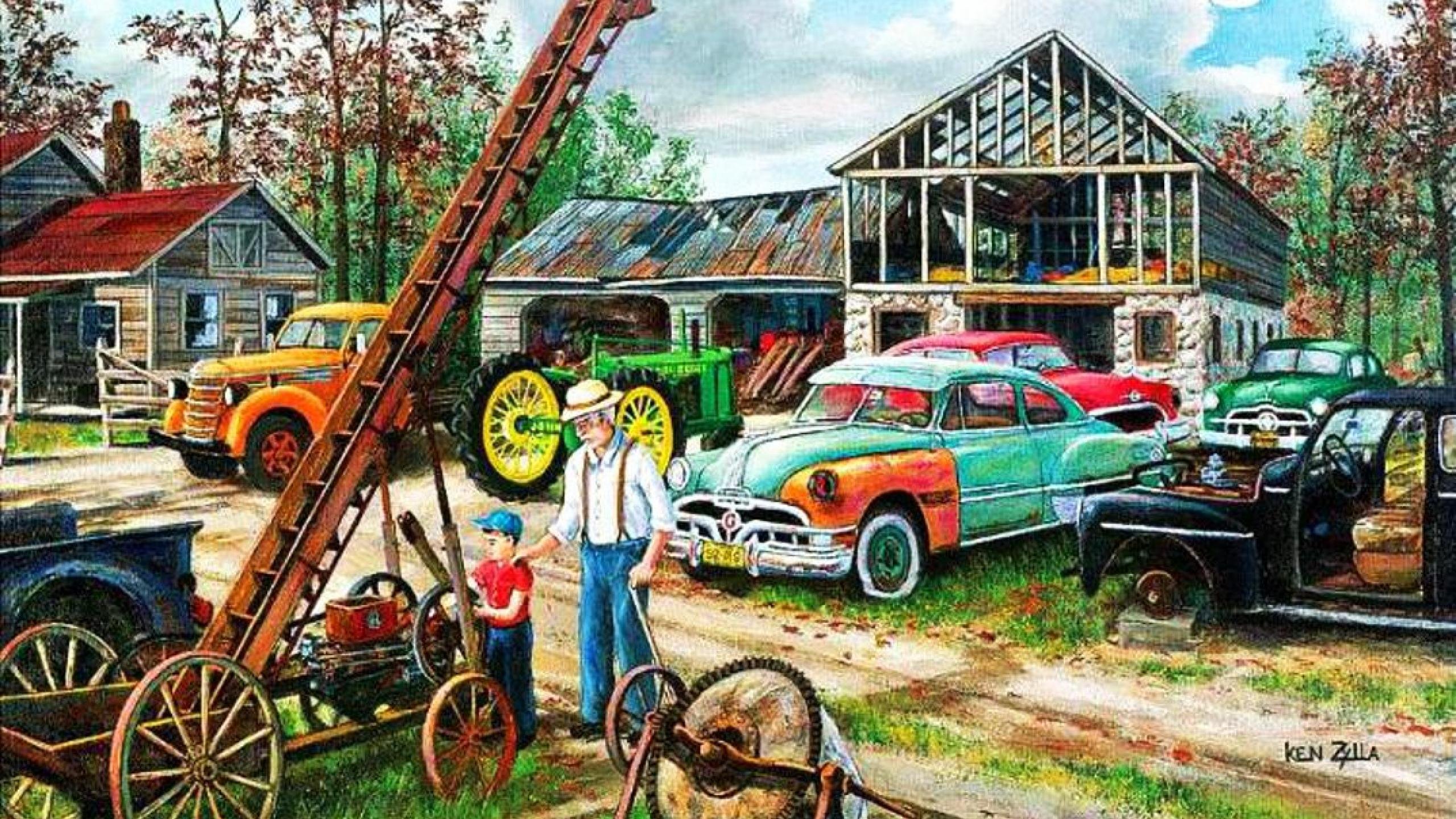 JUNKYARD cars auto automobile classic retro artwork painting wallpaperx1440