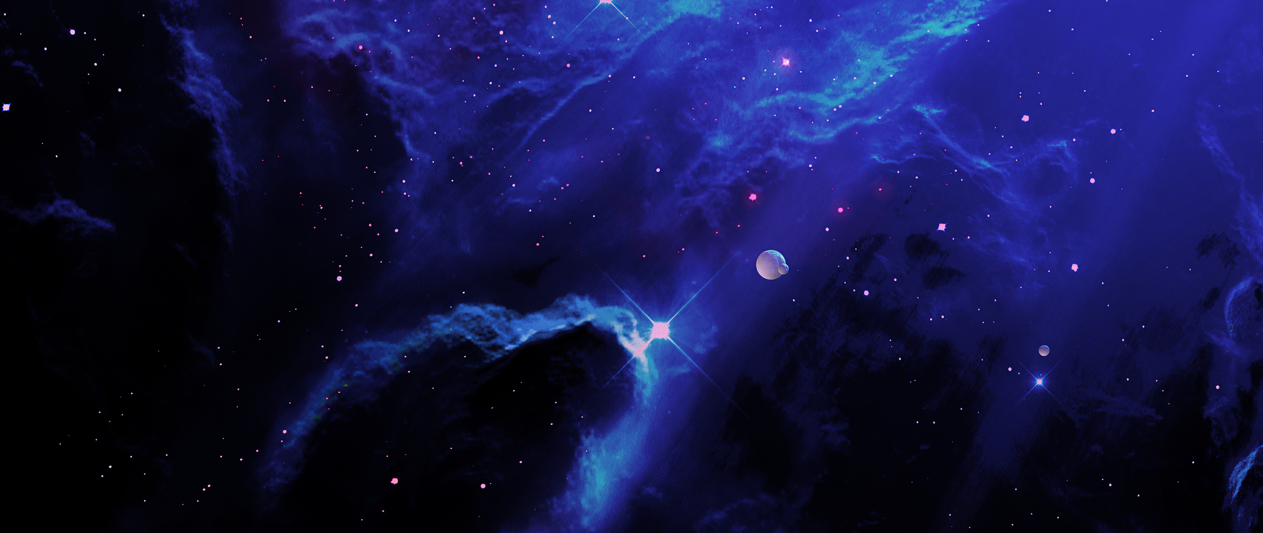 Download Blue and dark clouds, cosmos, dark realm, fantasy, planets wallpaper, 2560x Dual Wide, Widescreen