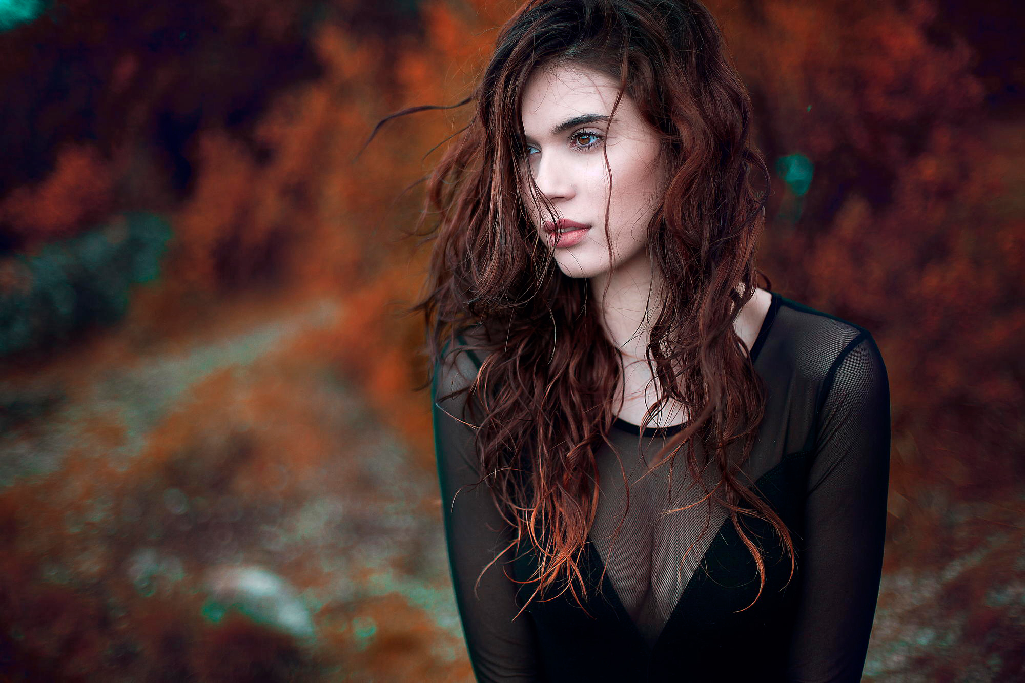 Wallpaper, model, women outdoors, brown eyes, depth of field, black outfits, face, lips, Looking into the distance, brunette 2000x1333