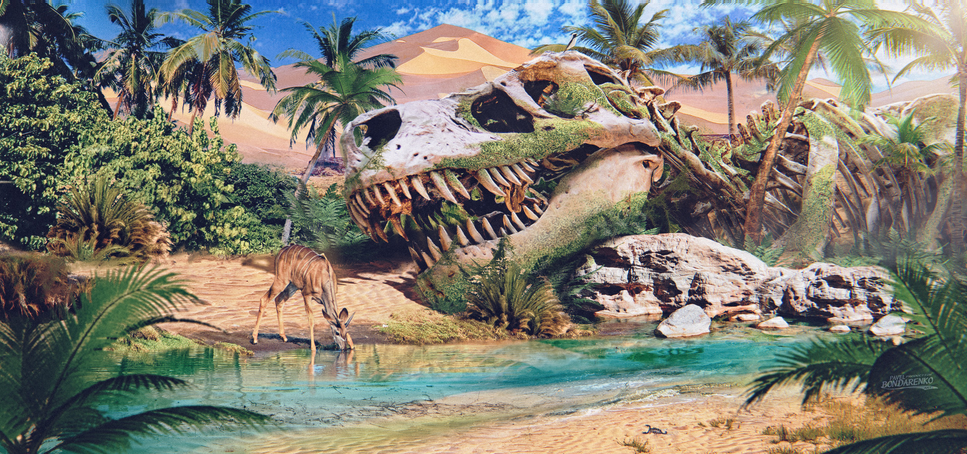 Wallpaper, Pavel Bondarenko, drawing, dinosaurs, fossils, oasis, deer, nature, desert, water, drinking, sand, Bushes, palm trees, bones, teeth, skeleton, moss, mouth 1920x903