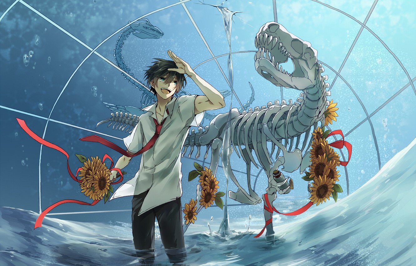 Wallpaper water, dinosaur, anime, art, skeleton, guy, dinosaur skeleton image for desktop, section арт