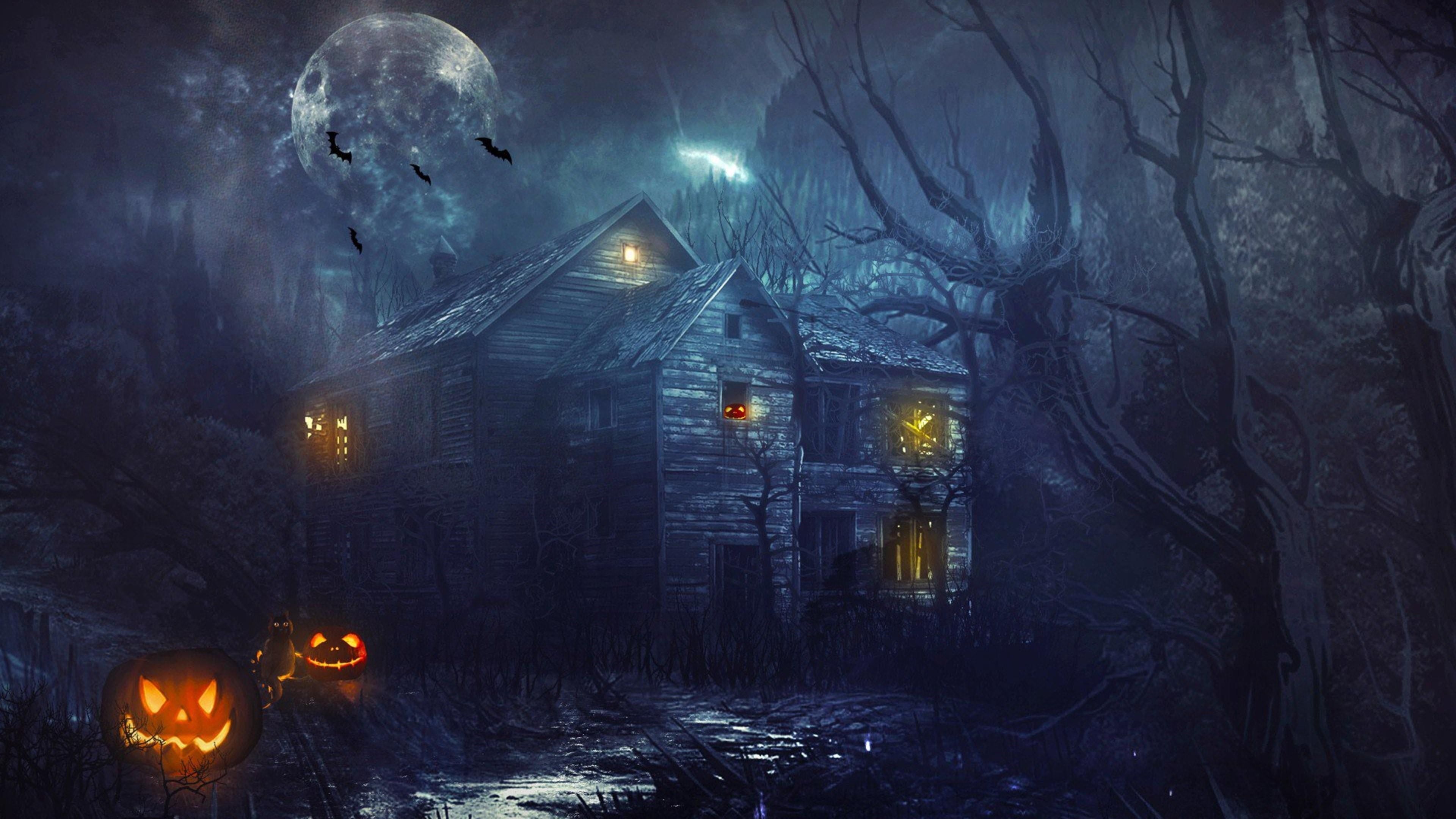 halloween #pumpkins #moon #bats ghost house #night K #wallpaper #hdwallpaper #desktop. Halloween live wallpaper, Halloween desktop wallpaper, Scene wallpaper