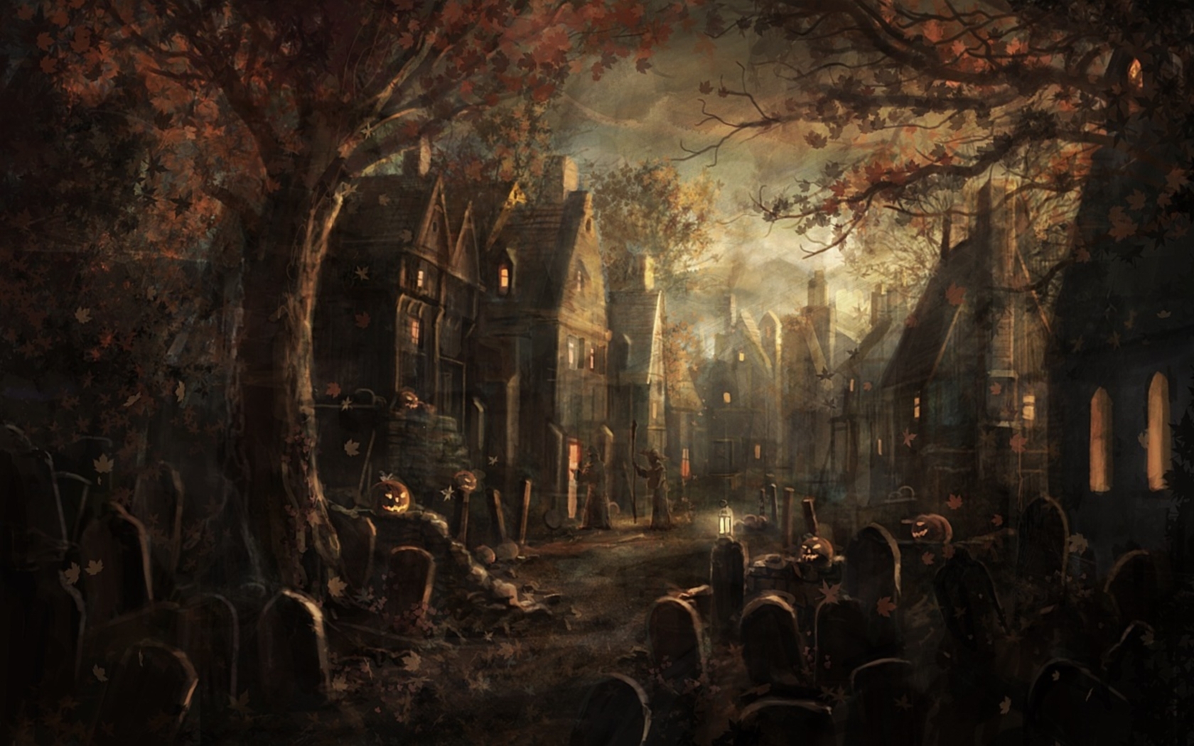 autumn halloween houses fantasy art villages 1680x1050 wallpaper