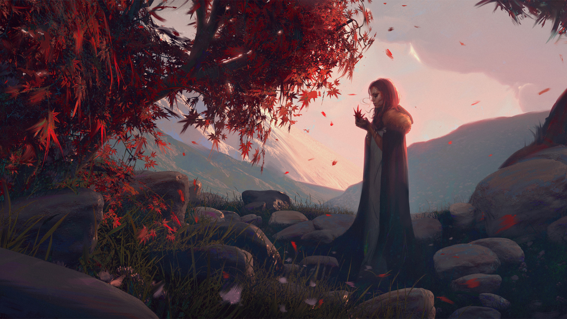 Picture Redhead girl Girls Autumn Fantasy stone Pictorial 1920x1080