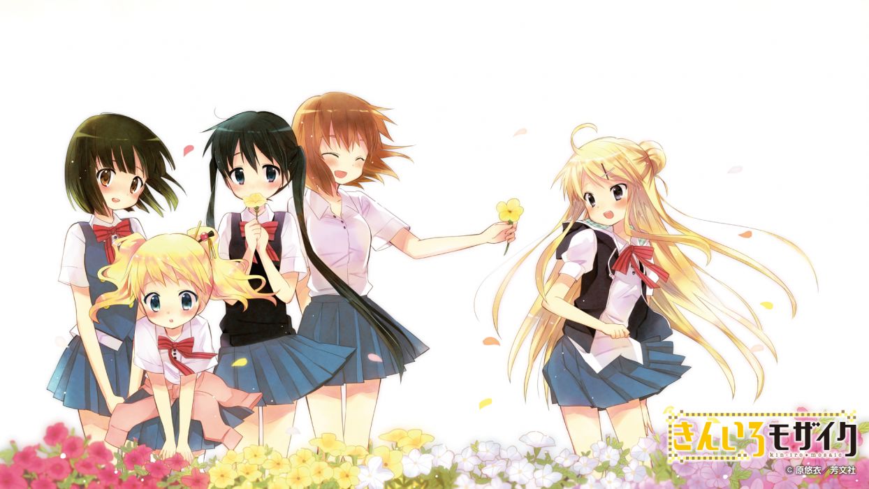 Kiniro mosaic alice cartelet flowers hara yui inokuma yuko kiniro mosaic komichi aya kujou karen oomiya shinobu petals seifuku wallpaperx1080