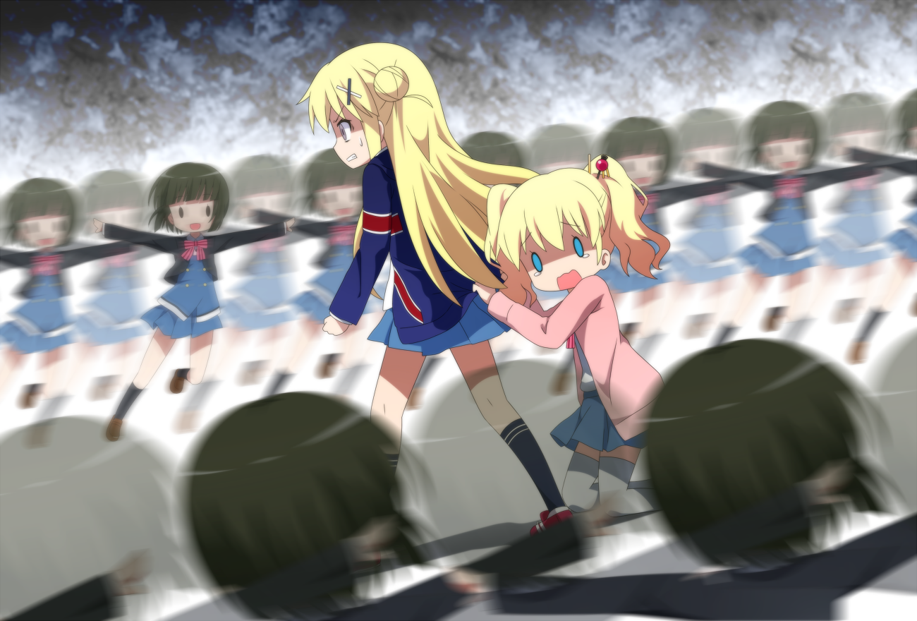 Wallpaper, Oomiya Shinobu, Kujou Karen, Alice Cartelet, Kin Iro Mosaic, blonde, long hair, short hair, loli, school uniform 1300x880