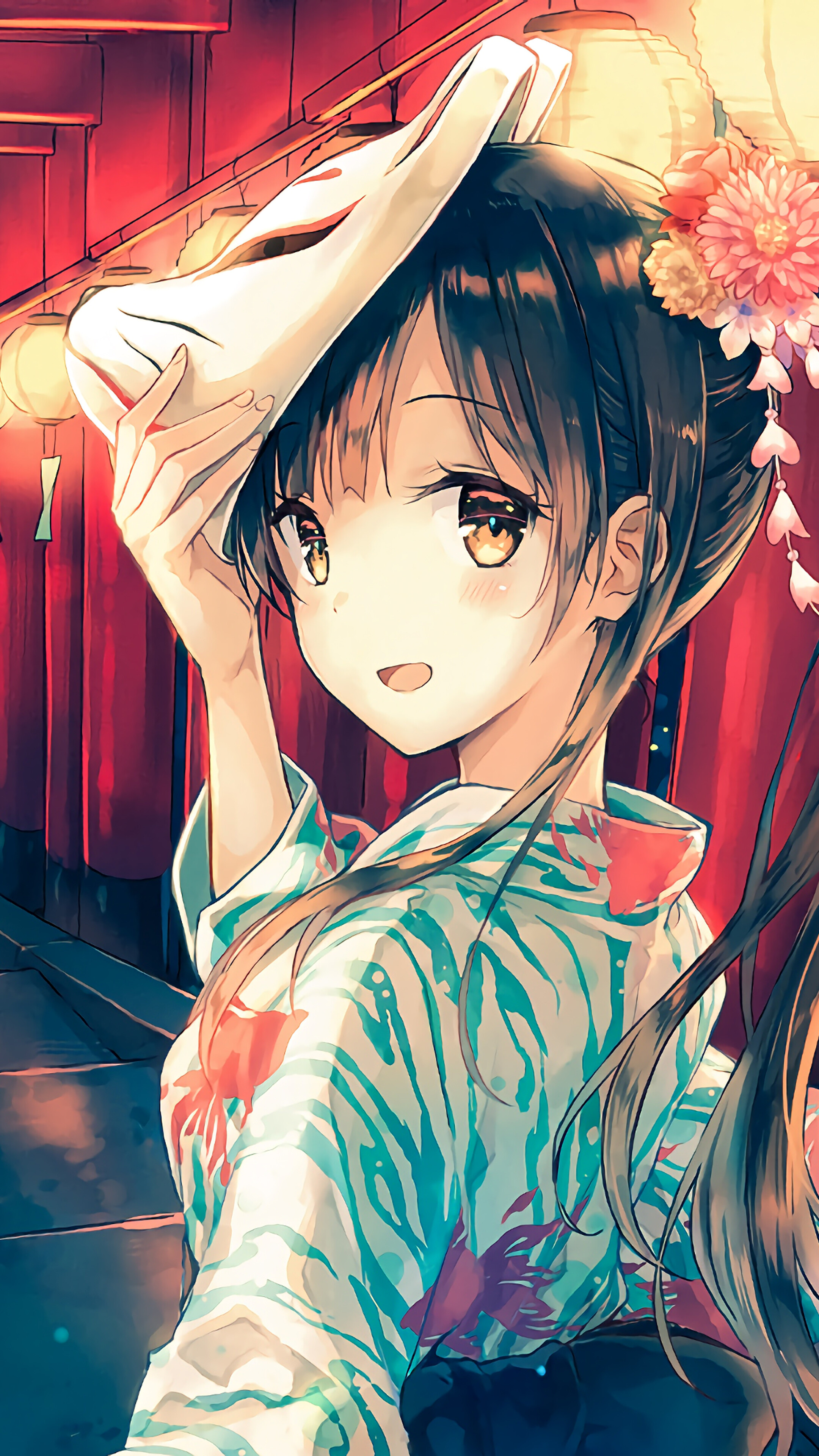 Anime, Girl, Mask, Kimono, 4K phone HD Wallpaper, Image, Background, Photo and Picture HD Wallpaper