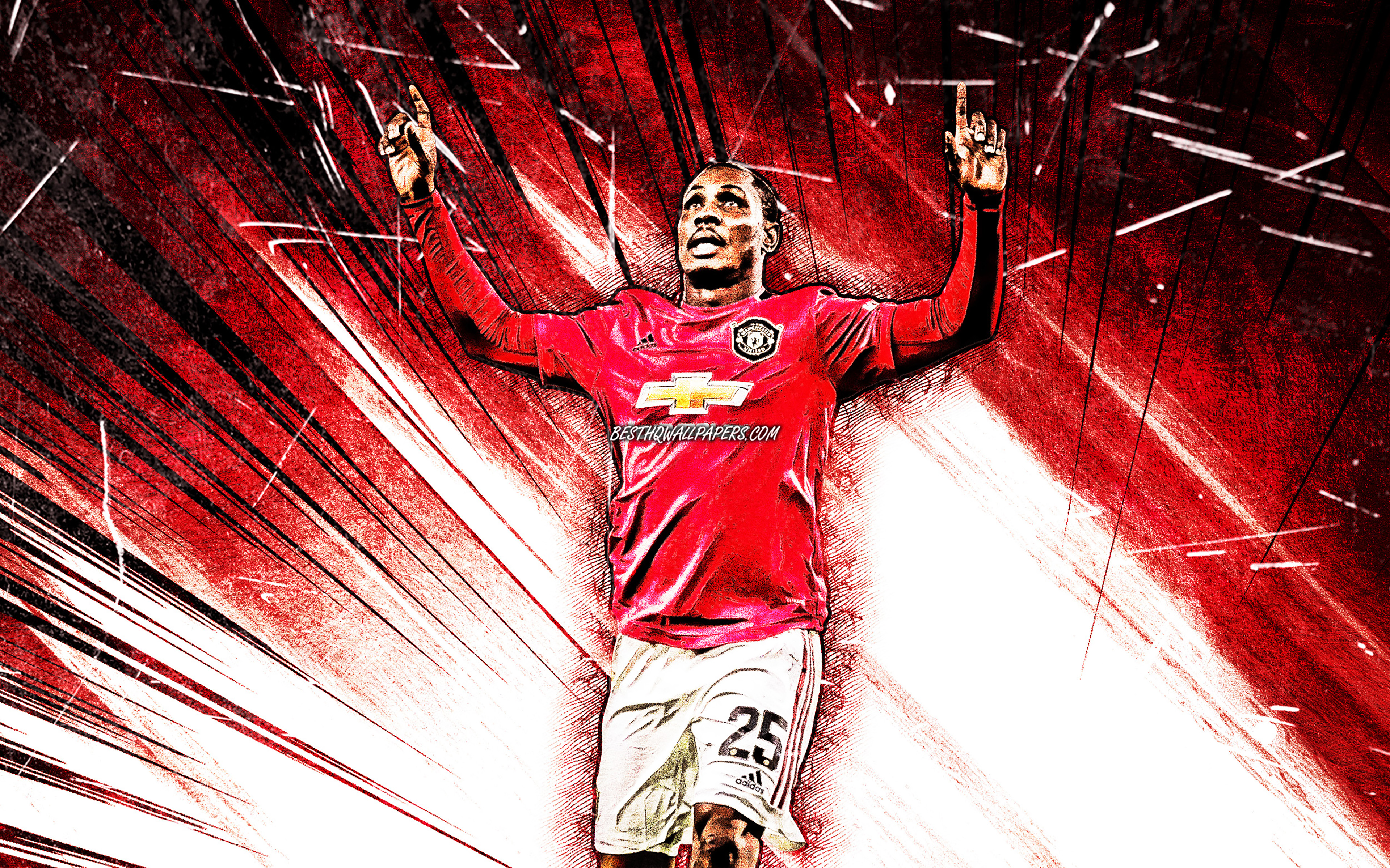 Download wallpaper 4K, Odion Ighalo, grunge art, Manchester United FC, Nigerian footballers, Premier League, Odion Jude Ighalo, red abstract rays, soccer, football, Man United, Odion Ighalo 4K for desktop with resolution 3840x2400