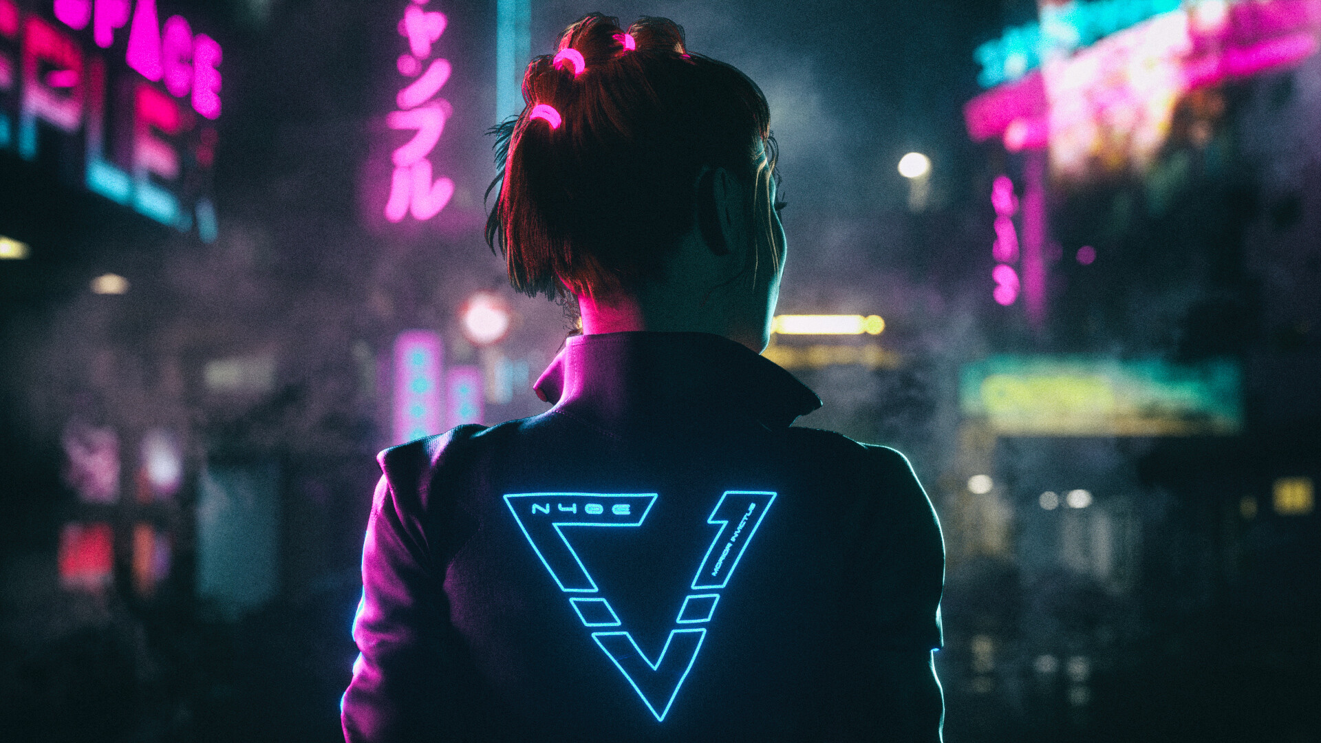 Wallpaper, neon, cyberpunk, science fiction, artwork, digital art, women, back, Japan, Tokyo 1920x1080