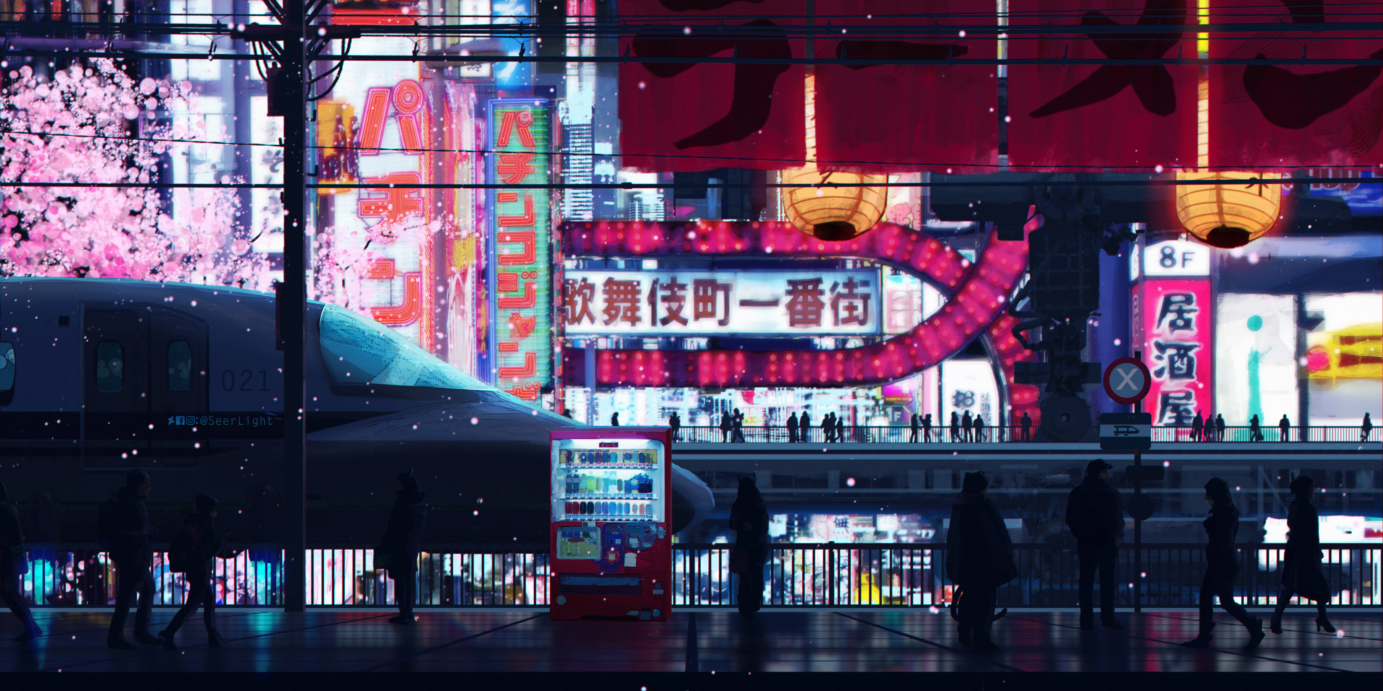 Wallpaper / digital art, artwork, Japan, city, street, cityscape, vending machine, cyberpunk, Tokyo, train