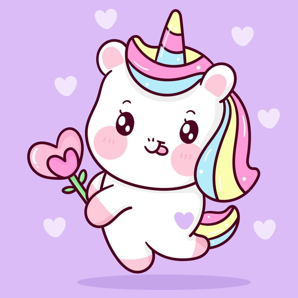 Cute Unicorn vector holding heart flower. Pony cartoon kawaii animal background for Valentines day gift