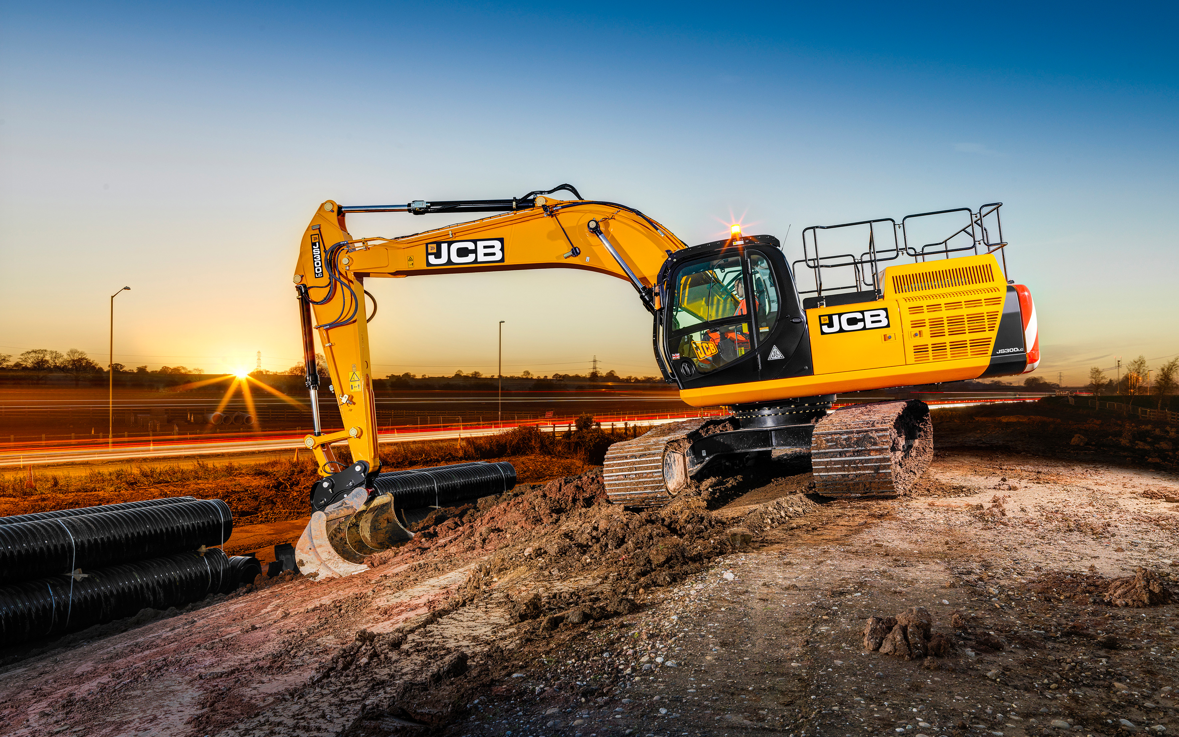Download wallpaper JCB JS Excavator, modern construction equipment, road construction, construction concepts for desktop with resolution 3840x2400. High Quality HD picture wallpaper