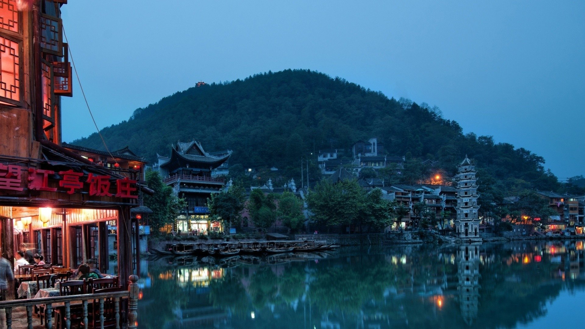 china, House, Buildings, Hills, Trees, Lake, Water, Night, Sunset, Lights, City, Landscape, Reflection, Town, Asian, Oriental, Village Wallpaper HD / Desktop and Mobile Background