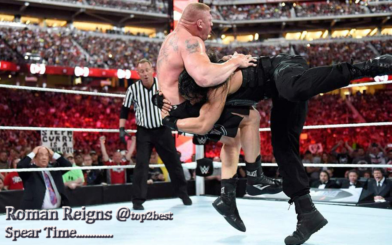 Roman Reigns Spearing Brock Lesnar Rings Wwe Spear HD Wallpaper